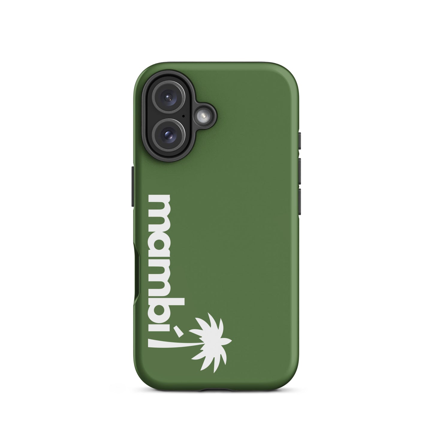 A fern green dual-layer phone case featuring mambi and a white palm tree graphic printed vertically along the left, provides stylish protection and shock absorption.