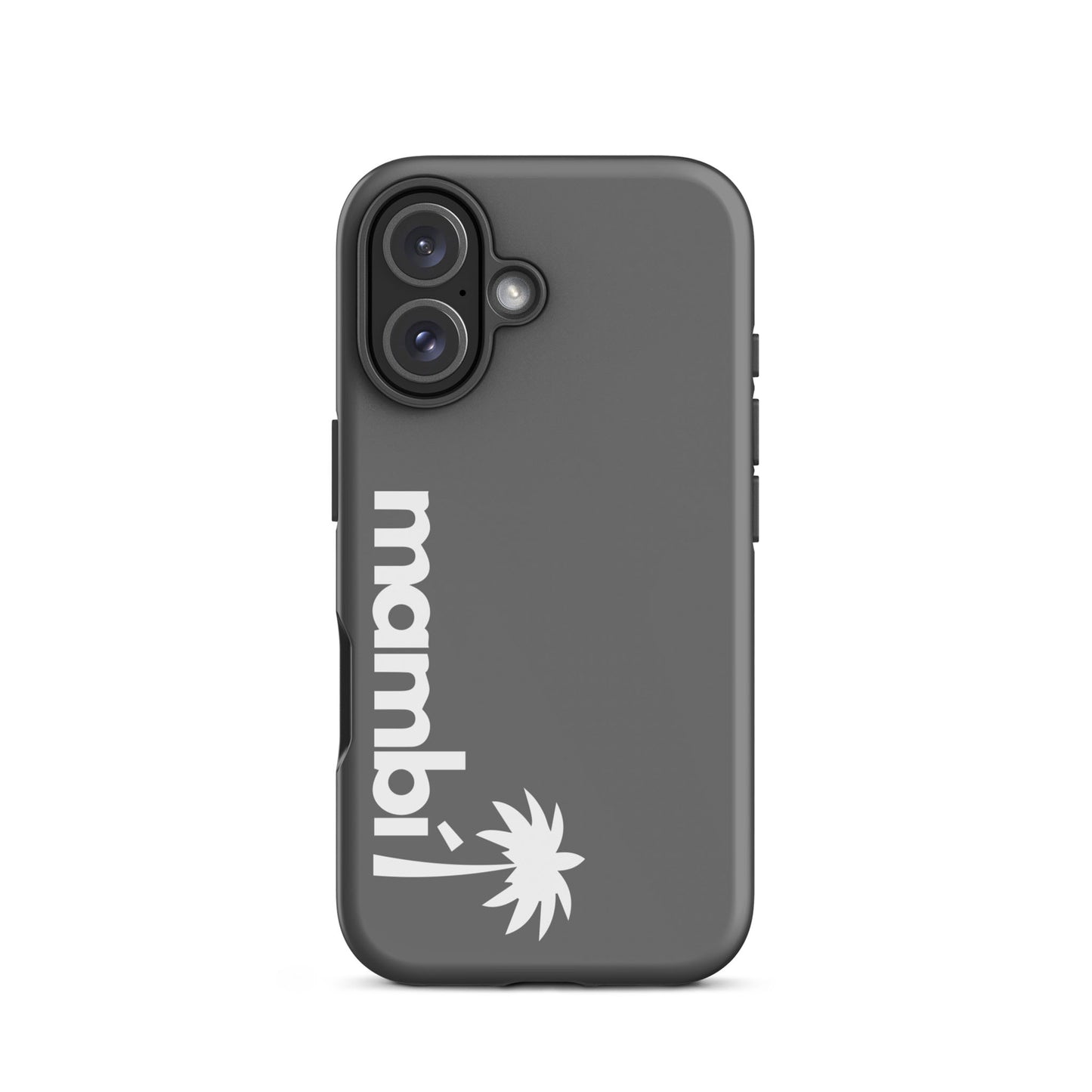 A grey dual-layer phone case featuring mambi in white lowercase letters vertically and a white palm tree below, offering reliable shock absorption.
