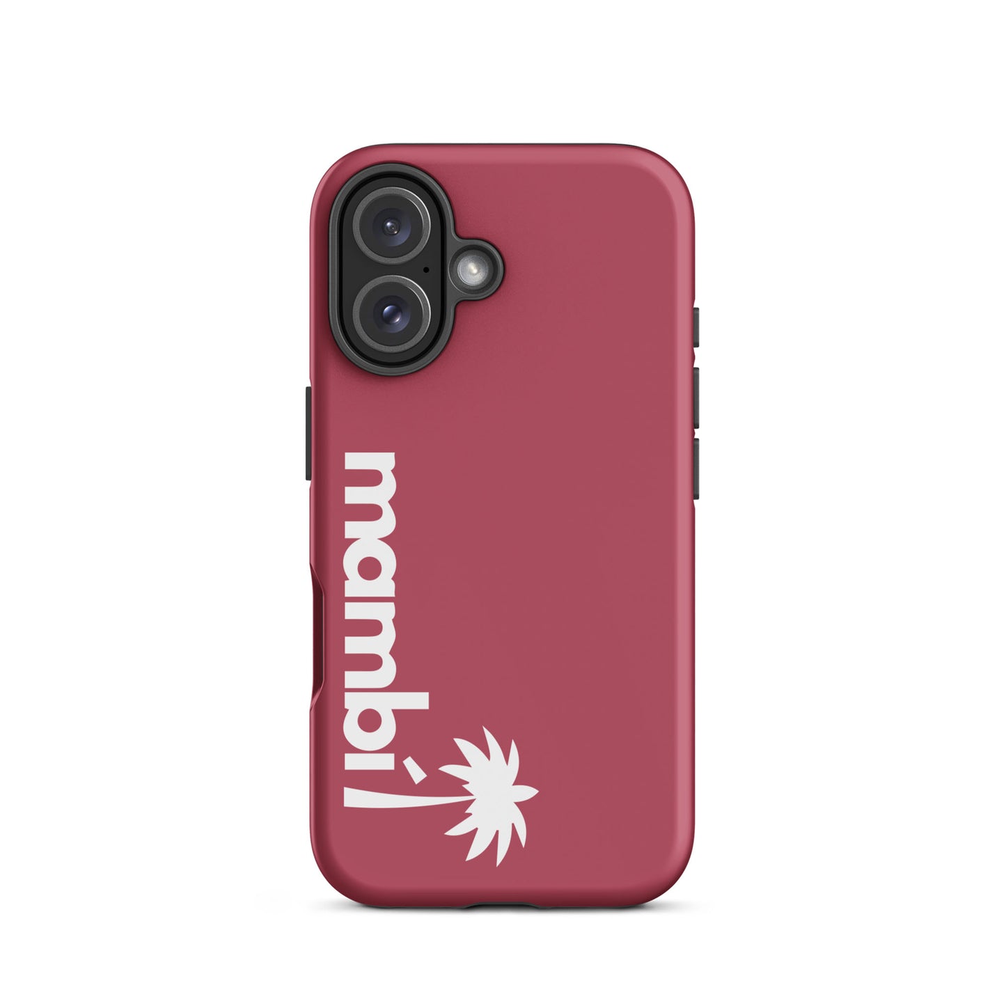 A Hipster Pink dual-layer phone case features mambi and a stylized palm tree logo printed vertically in white near the bottom. Designed for shock absorption, it is fitted on a phone with dual rear cameras.