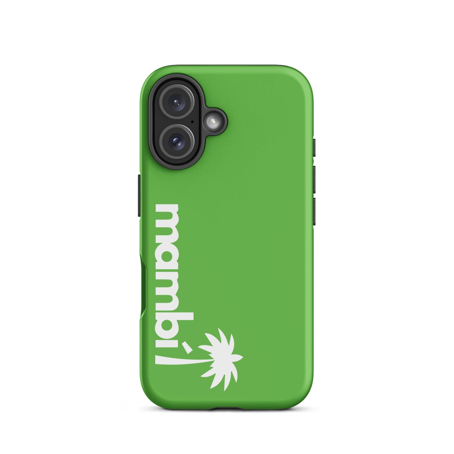 A Kelly Green iPhone heavy-duty case featuring mambi in white lowercase letters and a white palm tree graphic beneath the text, both aligned vertically on the back, combines style with reliable shock absorption.