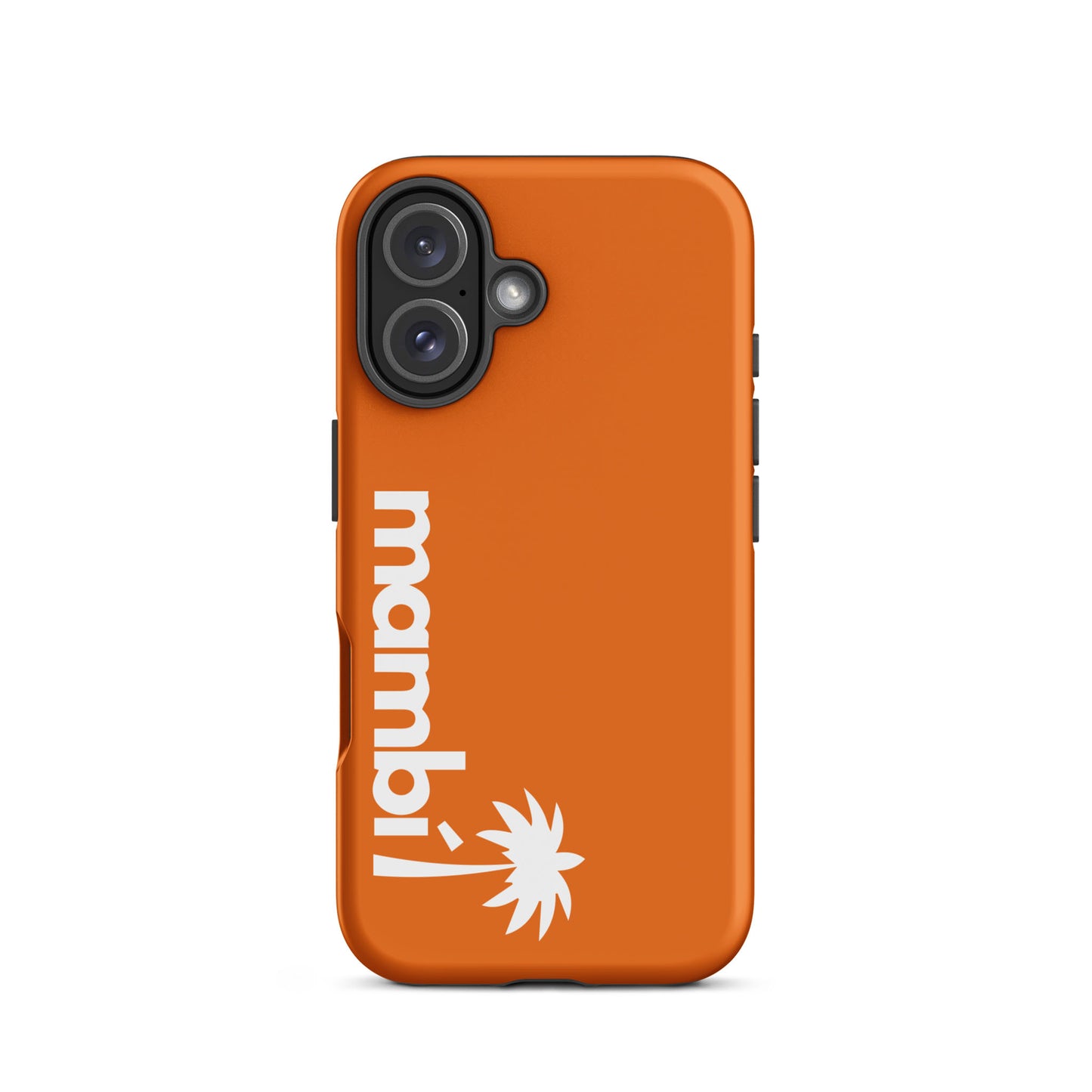 Mango Tango iPhone heavy-duty case with white mambi text printed vertically and a sunburst design below. The dual-layer case offers shock absorption and is shown on the back of a phone with two camera lenses.