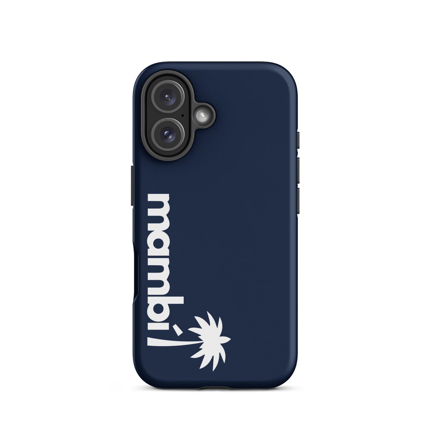 A navy dual-layer iPhone case featuring mambi in bold white letters running vertically with a white palm tree graphic below, designed for extra shock absorption.
