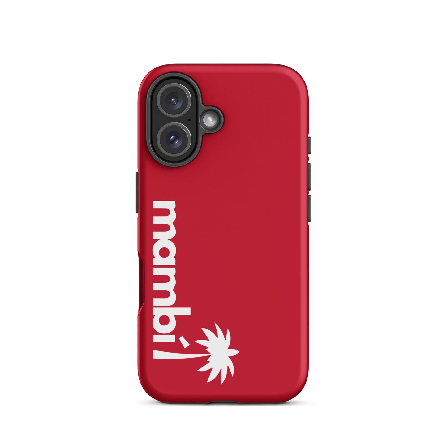 A red case with bold vertical mambi lettering and a white palm tree design at the bottom offers stylish protection and shock absorption for your iPhone.
