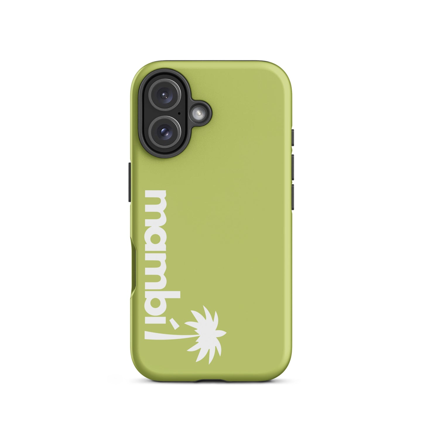 A Wild Willow dual-layer smartphone case featuring mambi and a white palm tree graphic, printed vertically along the left side, for added style and shock absorption.