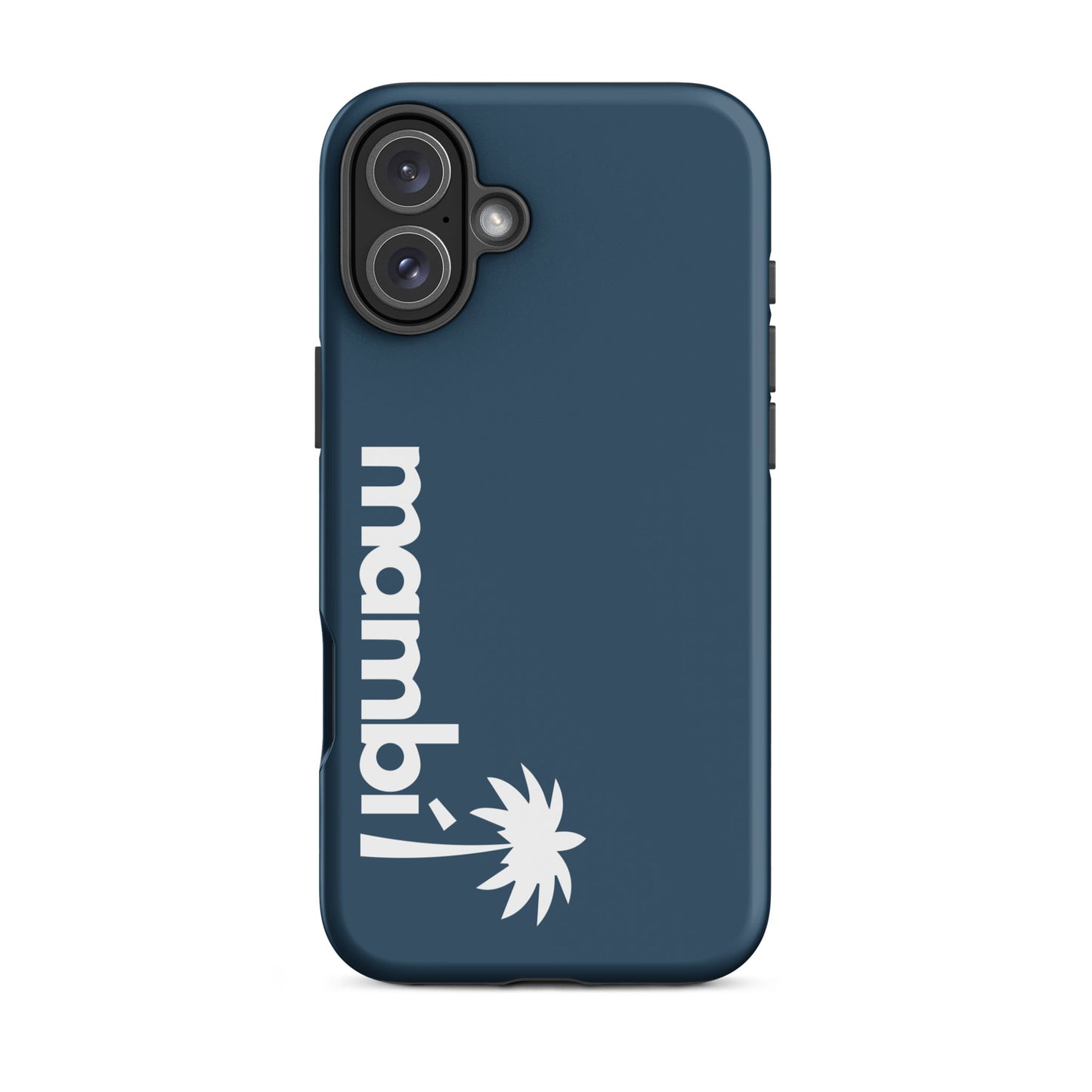 An Arapawa dual-layer iPhone case featuring mambi in white lowercase letters and a white palm tree graphic printed vertically along the left side, designed for style and shock absorption.