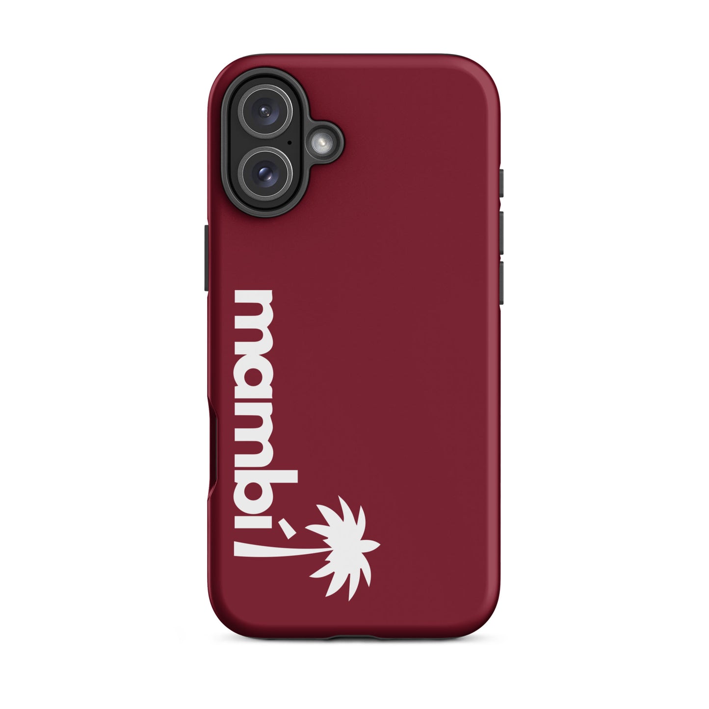 A burgundy dual-layer case with mambi in bold white letters and a white palm tree graphic, both vertically aligned on the left—crafted for exceptional shock absorption and stylish protection.