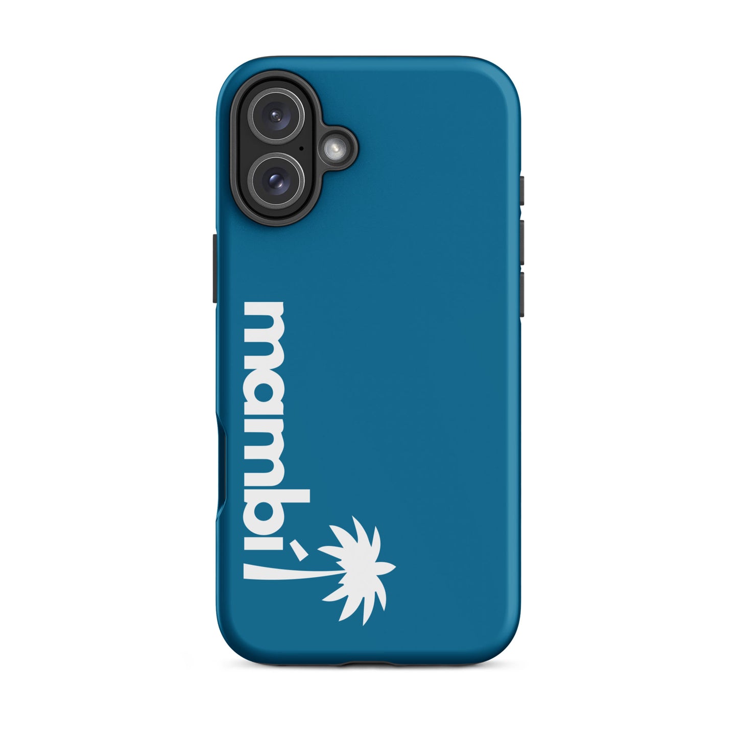 A cerulean dual-layer iPhone case with mambi and a white palm tree printed vertically on the back. It features dual rear camera cutouts and provides excellent shock absorption.