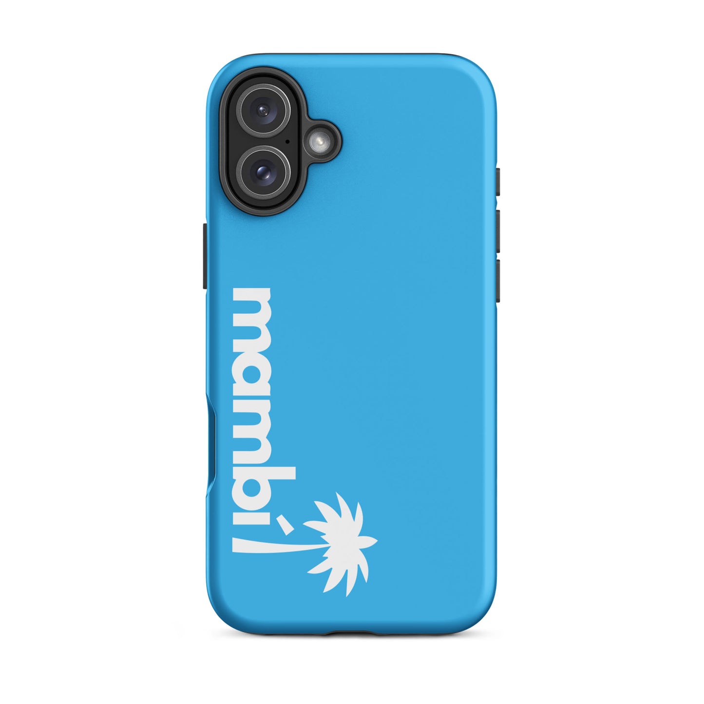 A Deep Sky Blue iPhone heavy-duty case featuring mambi in bold white letters and a white palm tree graphic below, designed for dual rear cameras and reliable shock absorption.