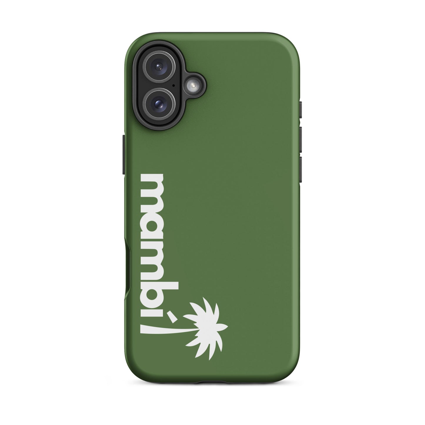 A Fern Green heavy-duty iPhone case featuring mambi in white, written vertically, with a white palm tree graphic below. Designed with dual rear camera cutouts for added protection.