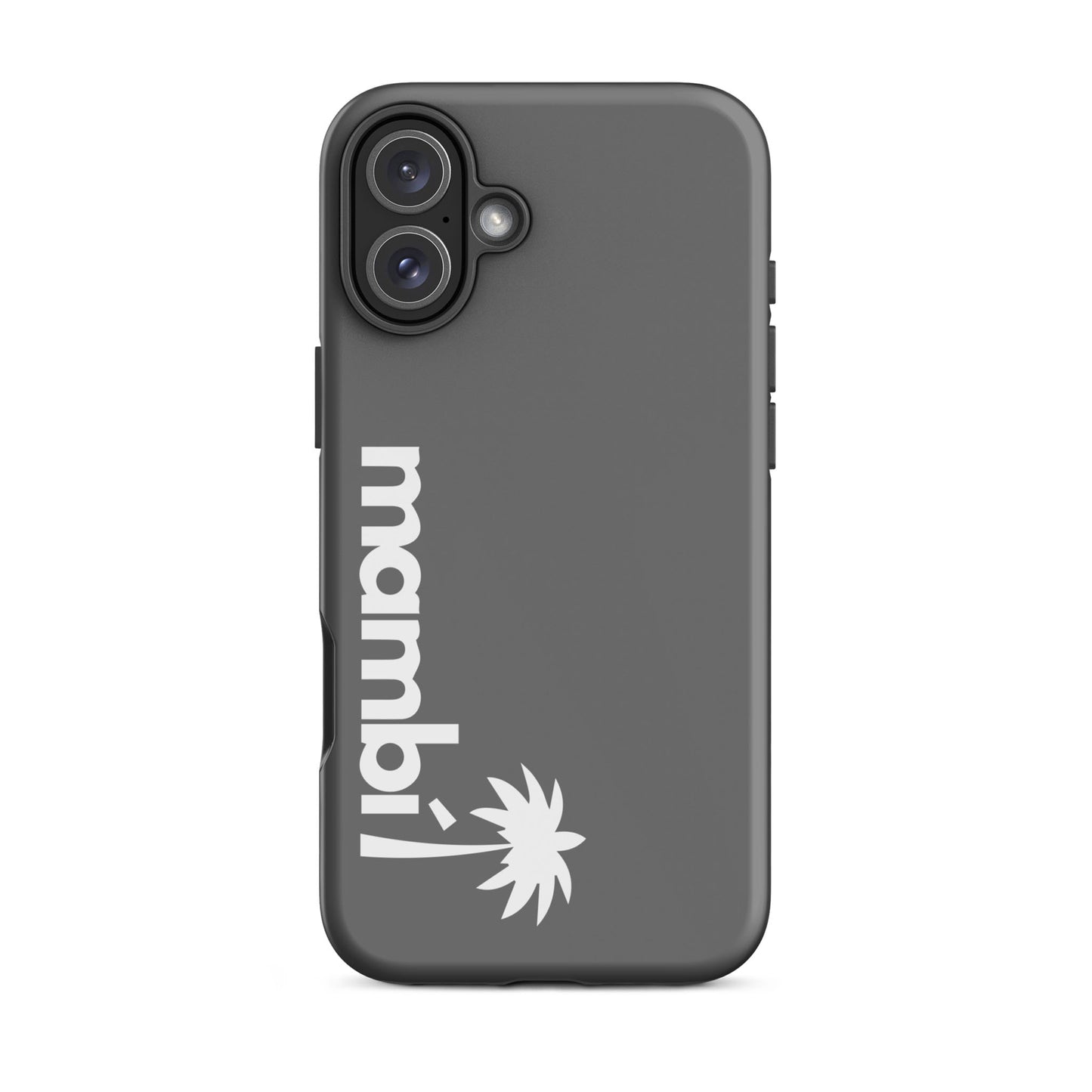 A grey dual-layer phone case featuring mambi in bold white letters and a white palm tree graphic, both printed vertically along the left side, delivers stylish shock absorption and reliable protection.