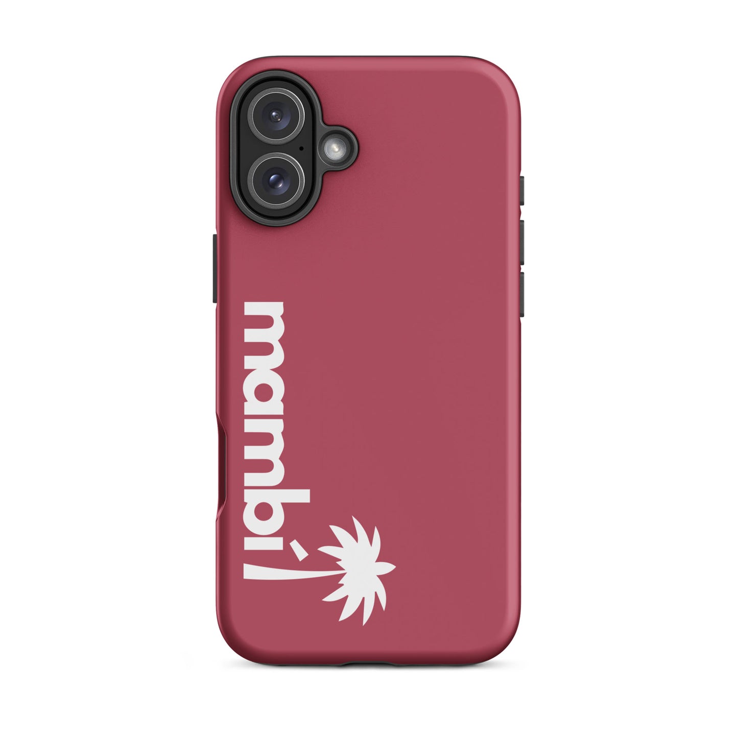 A Hipster Pink dual-layer phone case with mambi and a white palm tree graphic printed vertically near the bottom left, offering extra shock absorption for your iPhone.