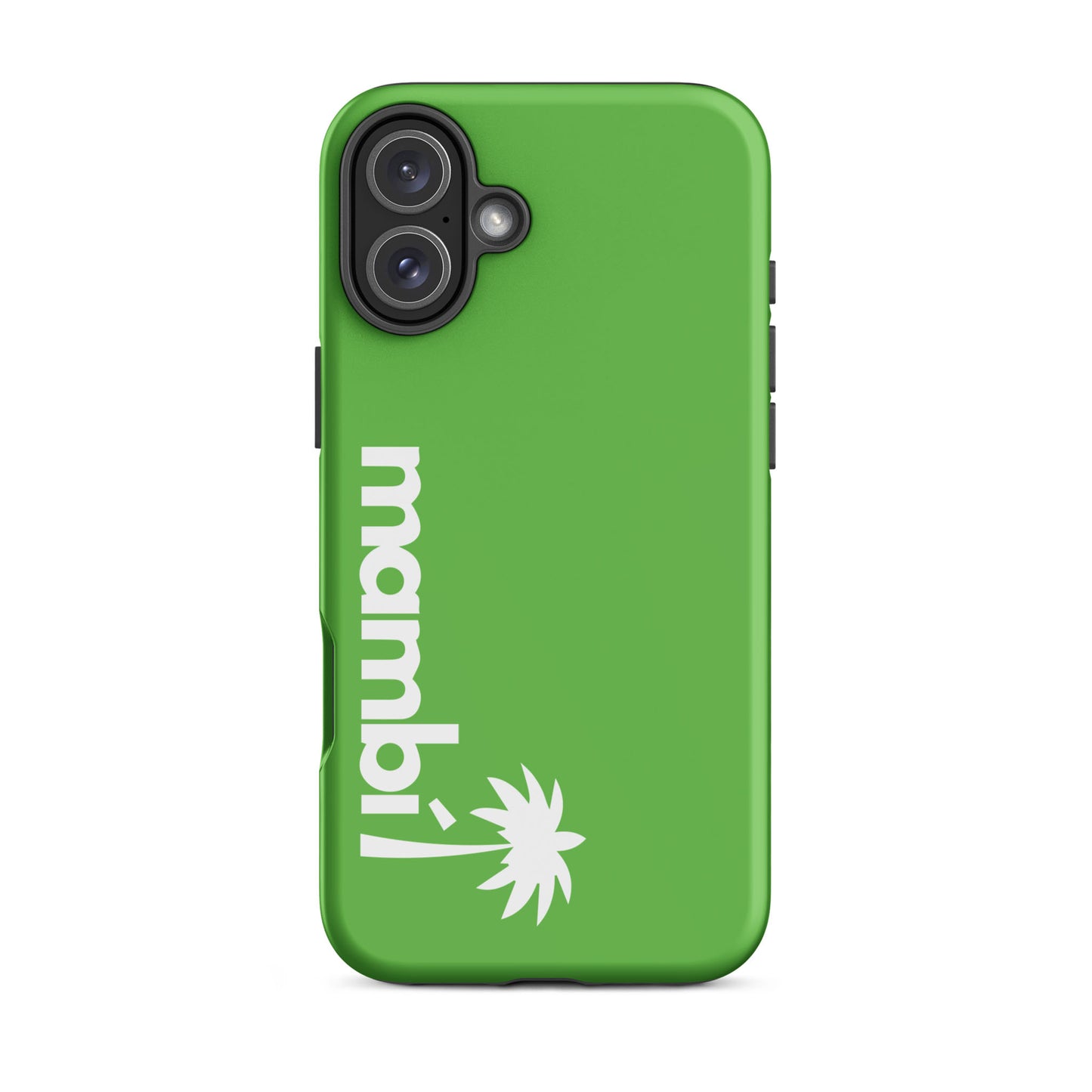 A Kelly Green, dual-layer iPhone case featuring mambi in white with a stylized palm tree—offering sleek design and reliable shock absorption.