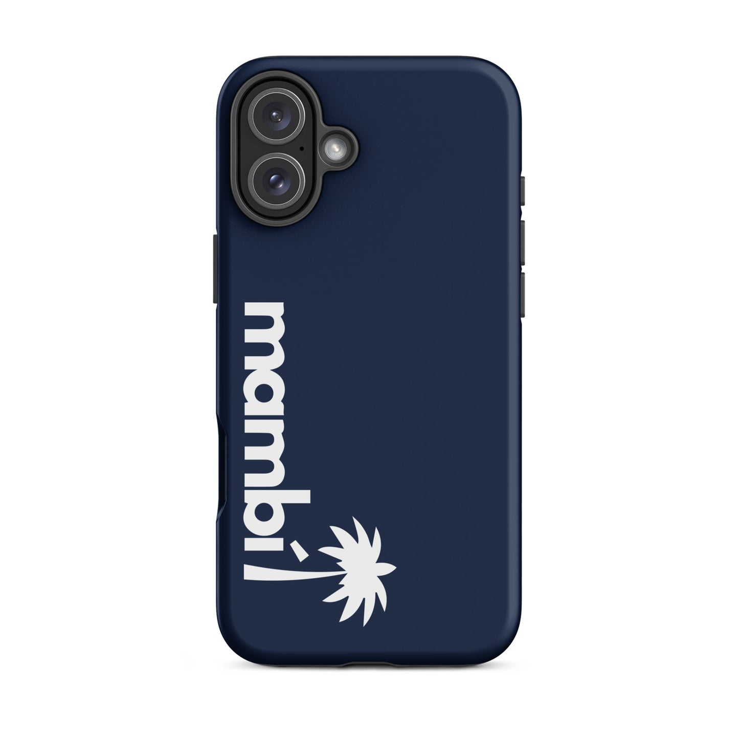 A navy iPhone heavy-duty case featuring bold white mambi text and a white palm tree graphic beneath it, both vertically aligned on the left side for added style and extra shock absorption.