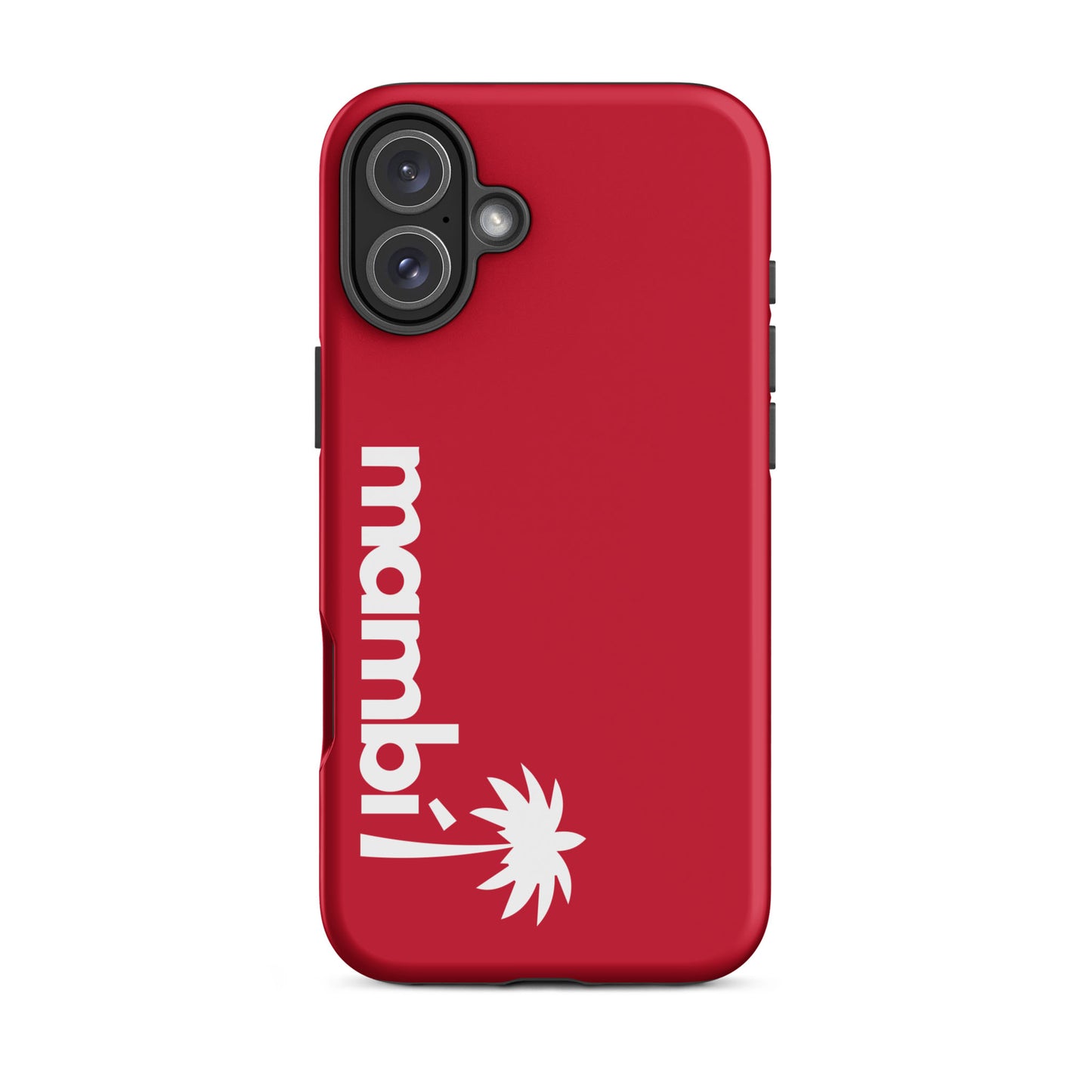 A red iPhone heavy-duty case featuring mambi in bold white lowercase letters and a white palm tree graphic, both printed vertically on one side for stylish design and added shock absorption.