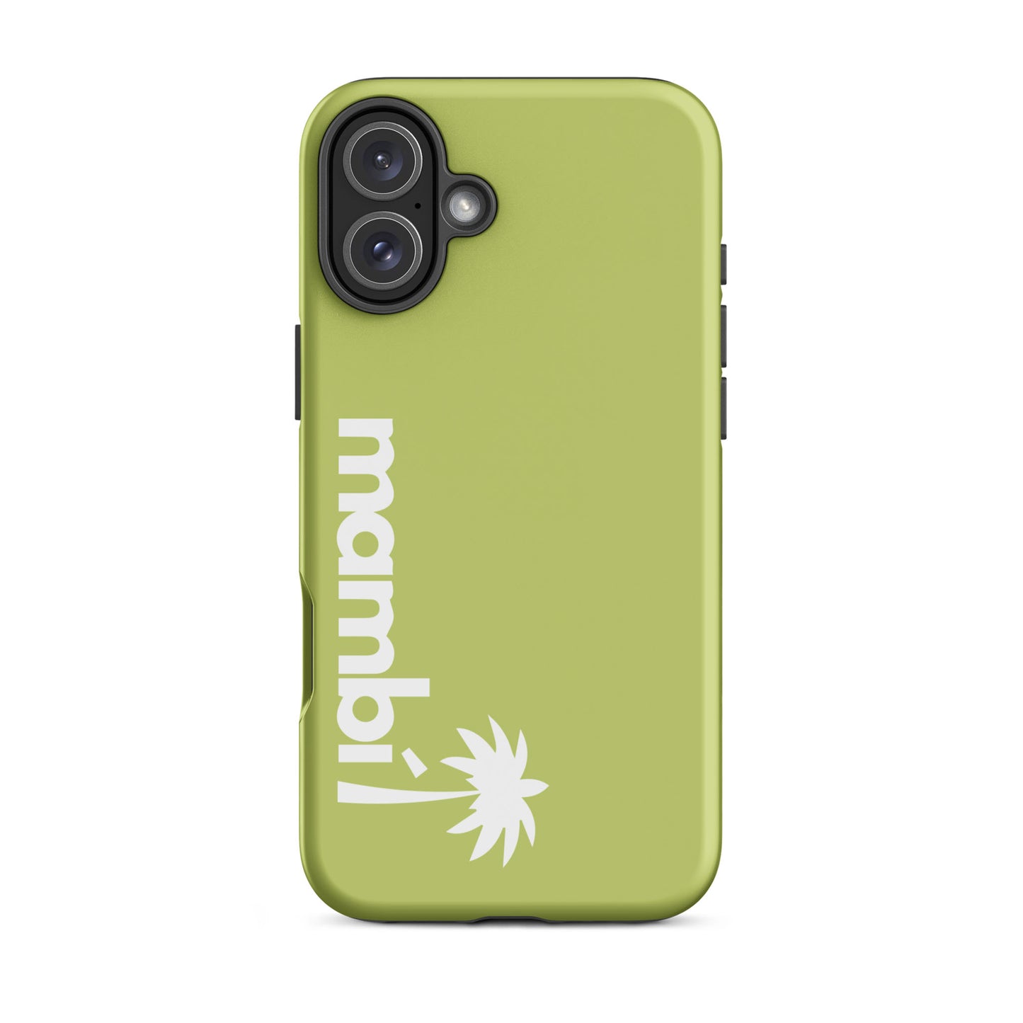 A Wild Willow iPhone heavy-duty case with mambi! and a white palm tree printed vertically near the bottom. This dual-layer case offers shock absorption and fits phones with dual rear cameras in the upper left corner.