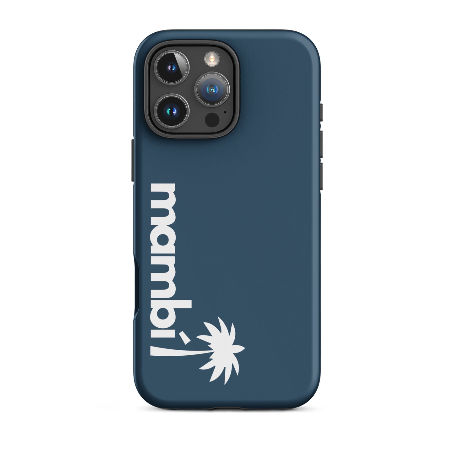 An Arapawa iPhone heavy-duty case featuring mambi and a white stylized palm tree printed vertically on the back, with the camera visible at the top left.