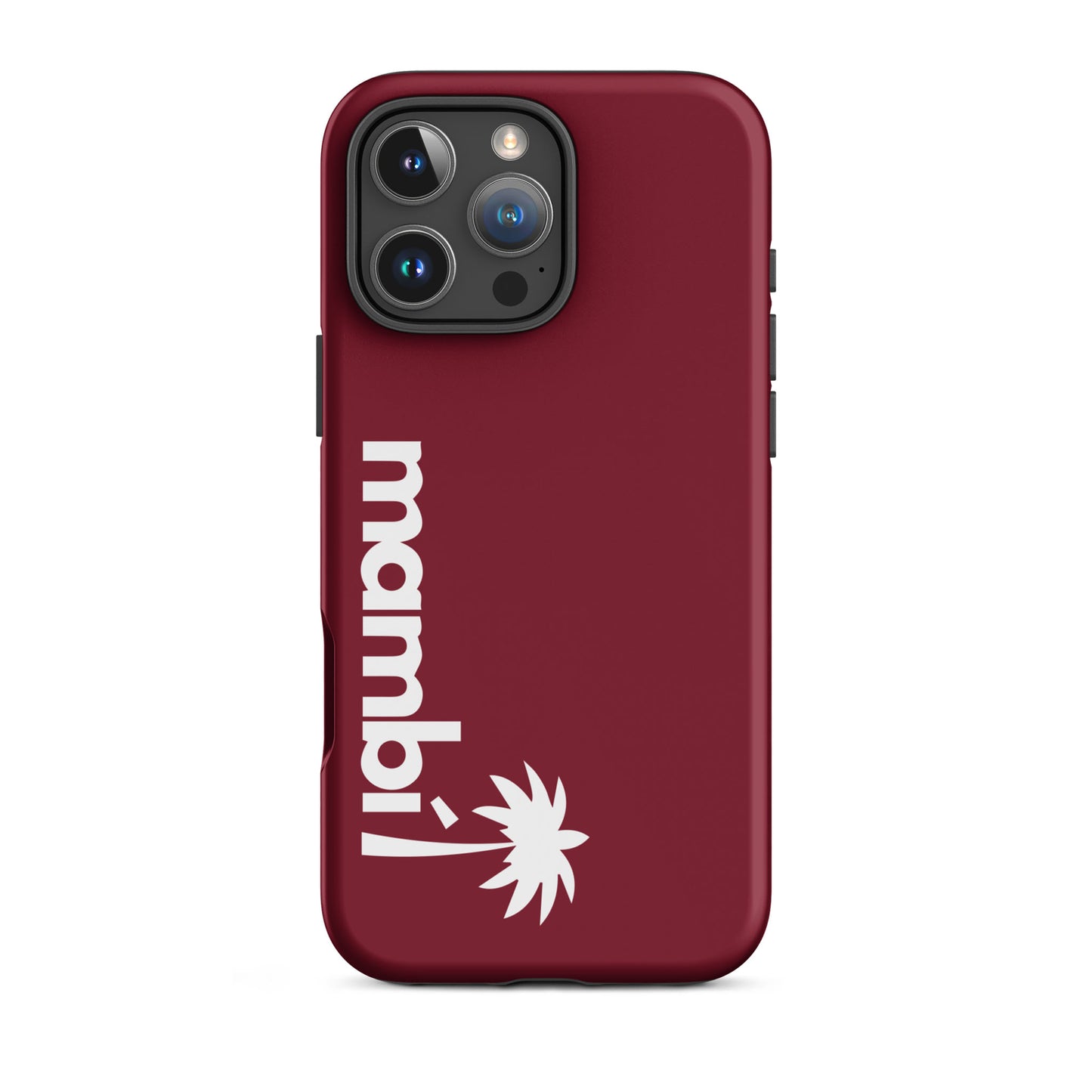 A burgundy heavy-duty iPhone case with mamb! and a vertical white palm tree design. Displayed on a triple-lens phone, this dual-layer cover provides superior shock absorption.