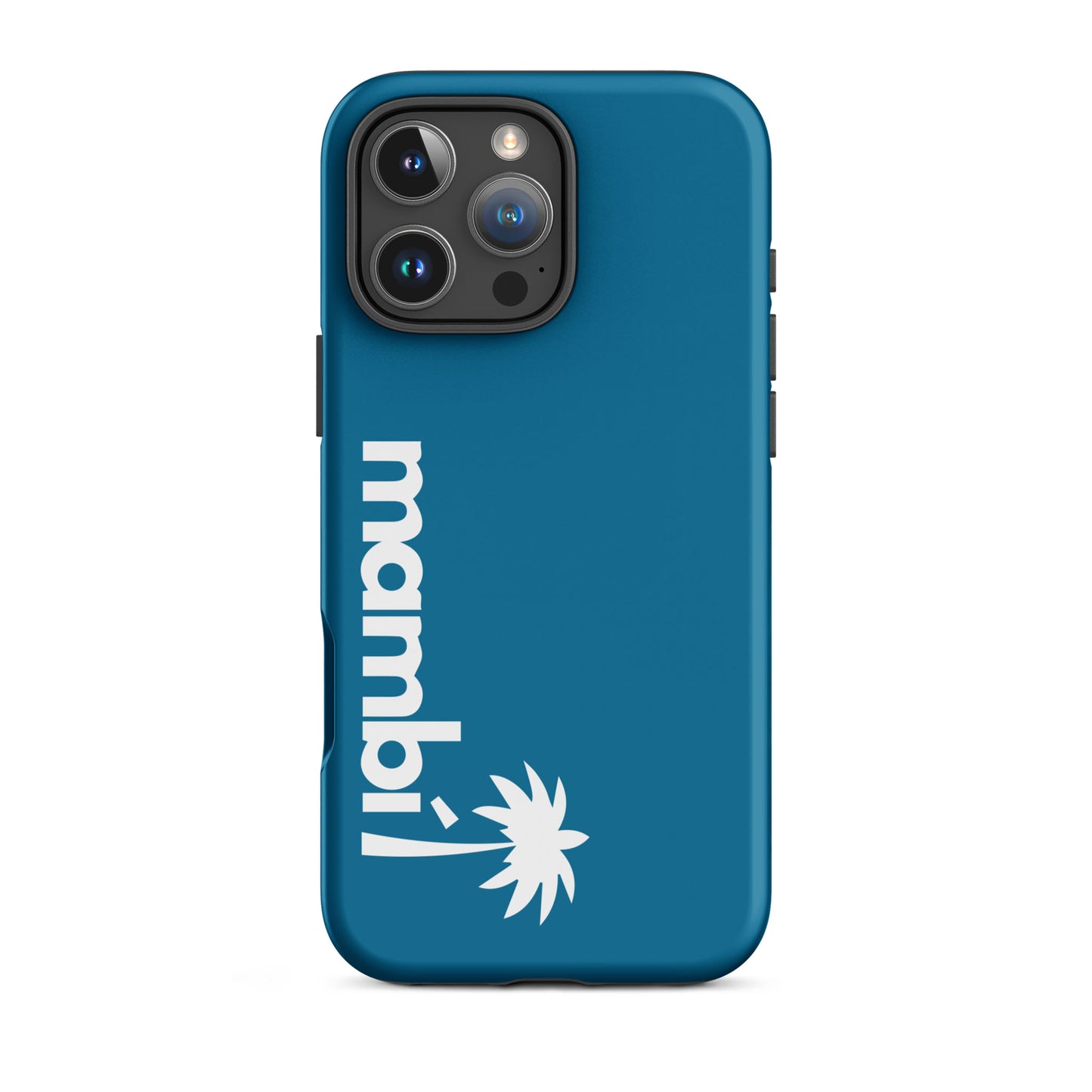A cerulean dual-layer case featuring “mambi!” and a white palm tree graphic printed vertically under the camera cutout, providing enhanced shock absorption for your iPhone.