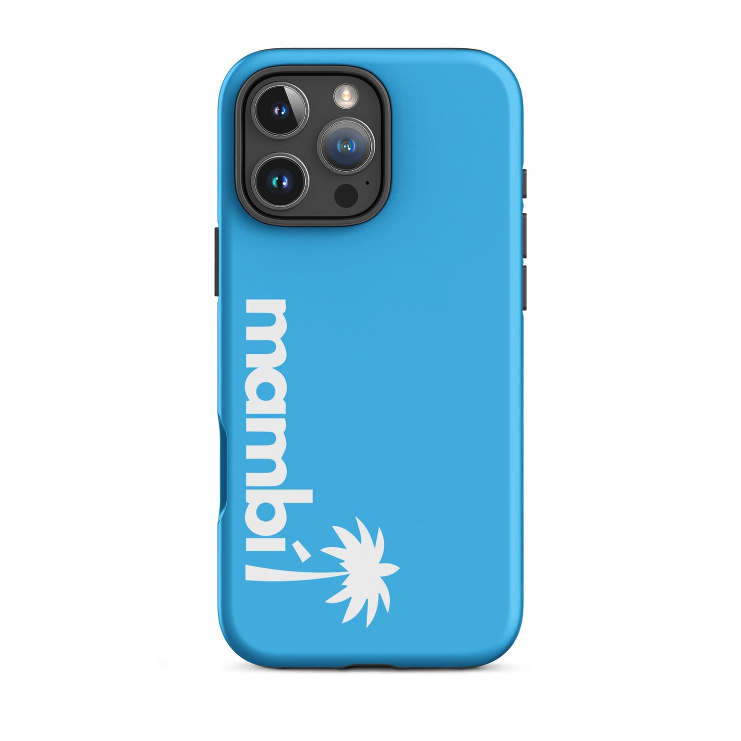 A Deep Sky Blue iPhone heavy-duty case with mambi! in white vertical text and a stylized palm tree graphic—combining stylish design with shock-absorbing protection.