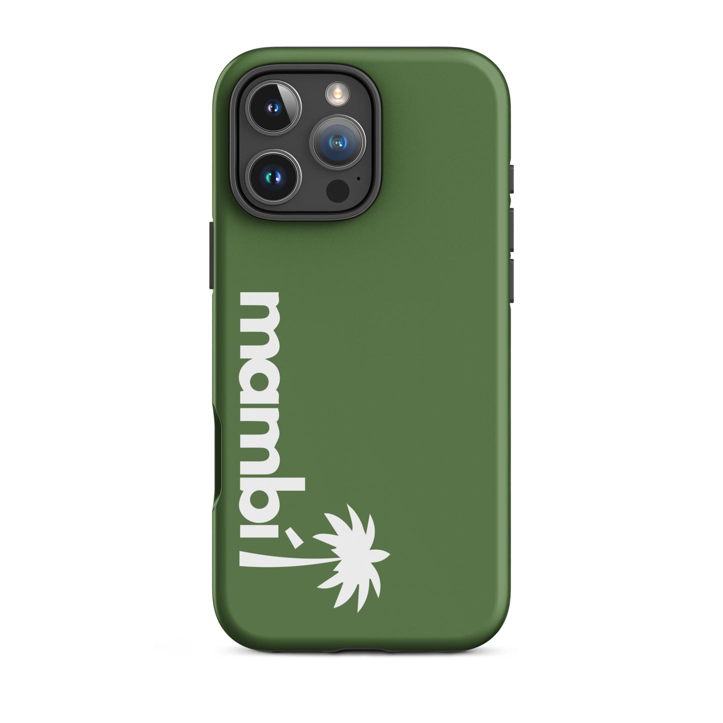 A Fern Green, dual-layer phone case with shock absorption, featuring mambi! and a stylized white palm tree printed vertically on the lower back.