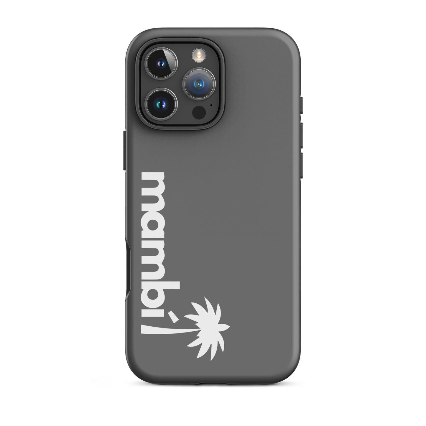 A grey dual-layer phone case with “mambi!” and a white palm tree printed vertically offers stylish protection, enhanced shock absorption, and supports phones with visible triple camera setups.