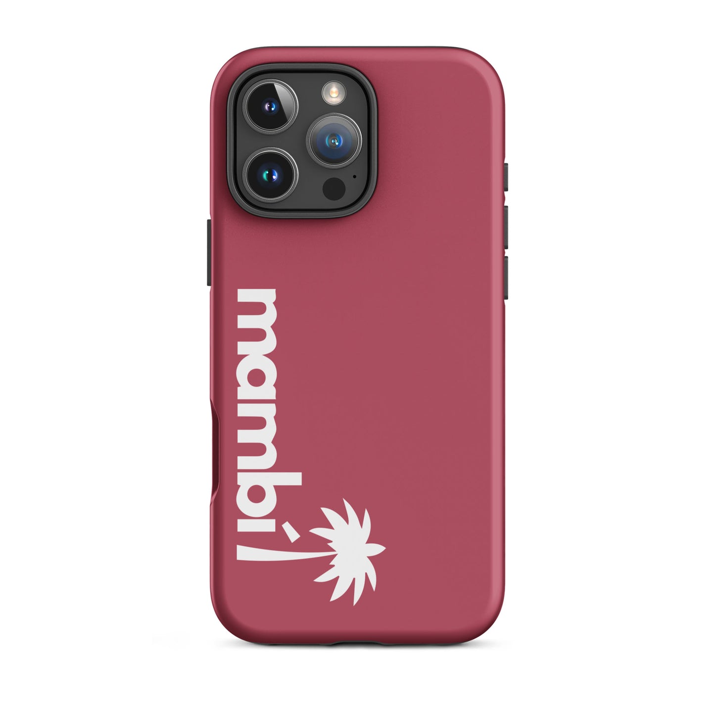 A Hipster Pink dual-layer phone case with a triple-lens camera cutout. mambi! and a white palm tree graphic are printed vertically on the back, providing shock absorption and stylish protection.