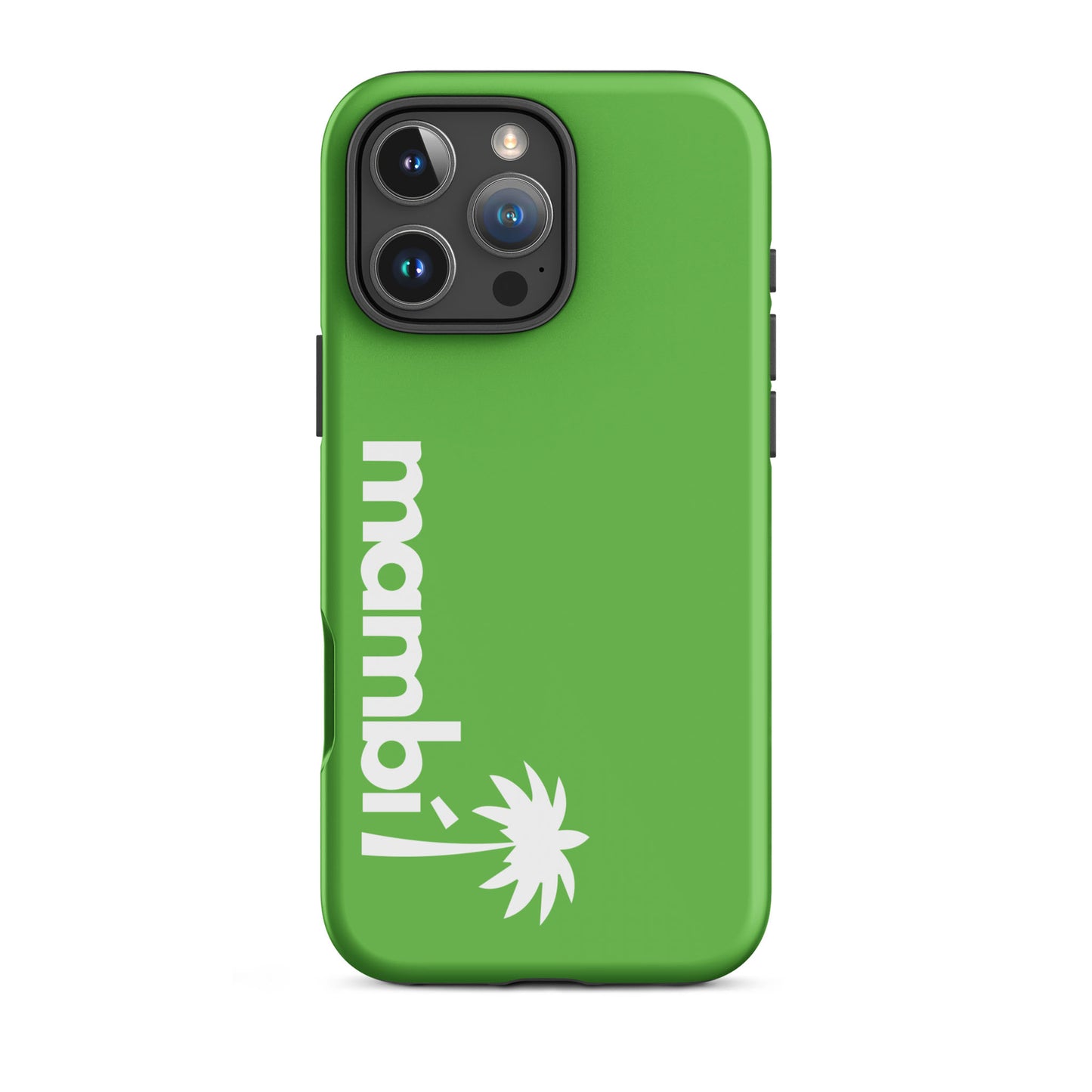 A Kelly Green heavy-duty iPhone case with Mambi! and a stylized white palm tree vertically printed, shock-absorbing, and camera lenses visible at the top left.