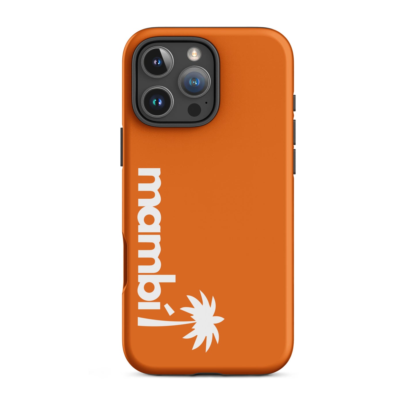 A Mango Tango iPhone heavy-duty case featuring mambi! and a white palm tree graphic printed vertically near the bottom, designed for stylish protection.