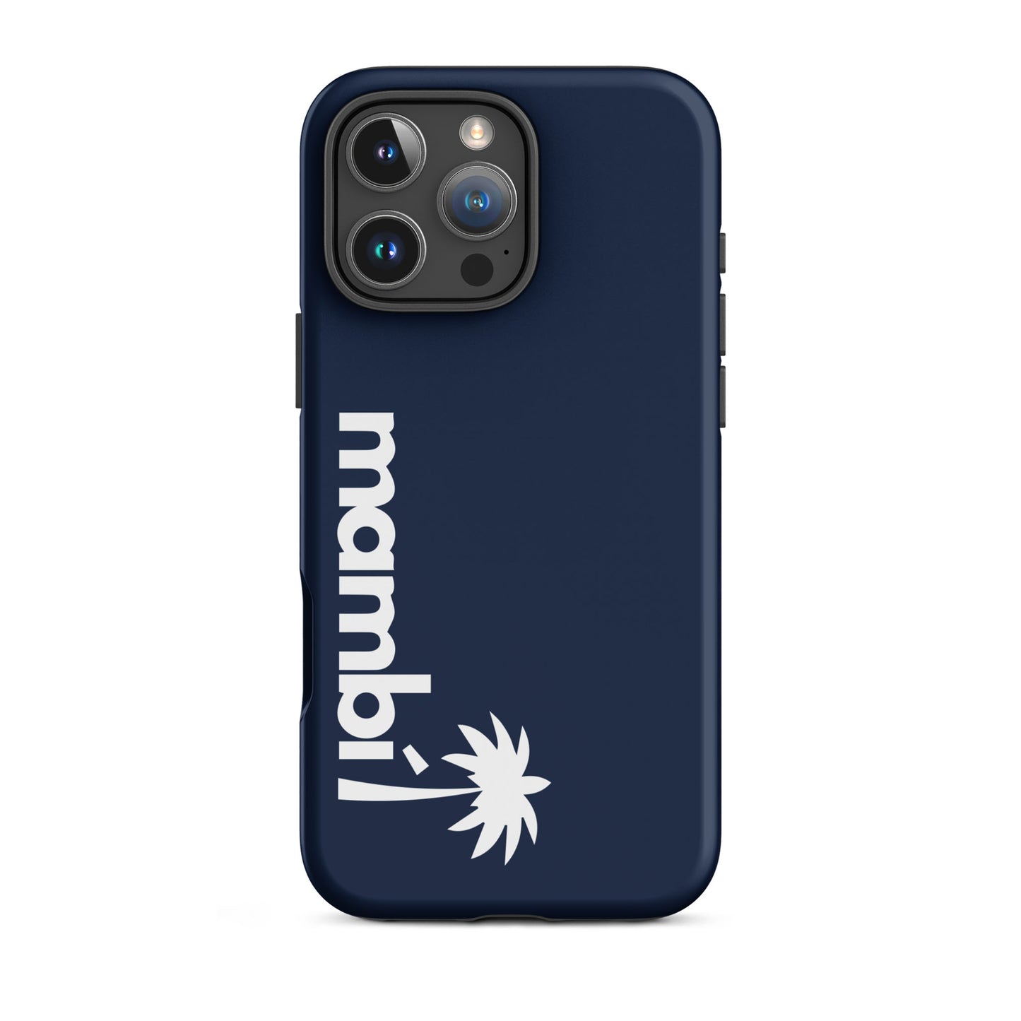 A navy dual-layer iPhone case with shock absorption, mambe! in bold white letters vertically, and a white palm tree graphic below the text.