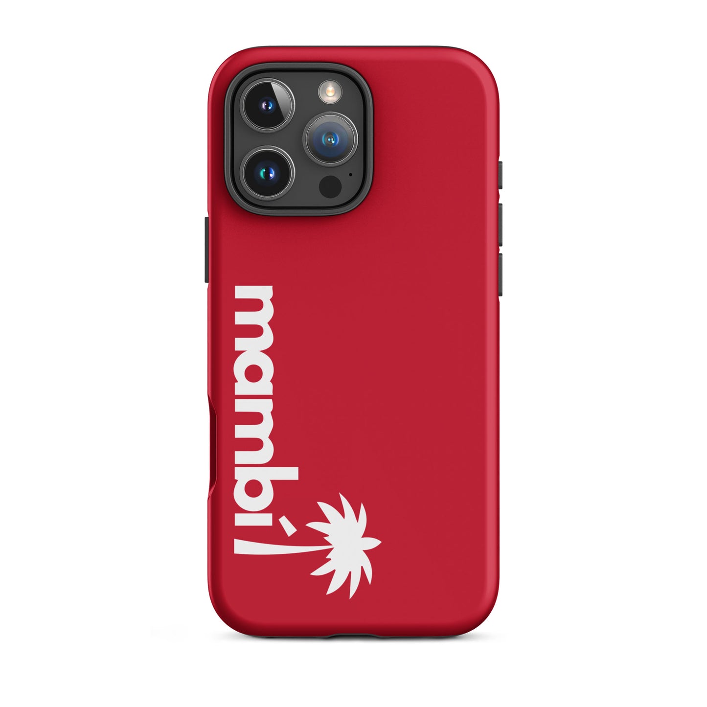 A red iPhone heavy-duty case with dual-layer shock absorption, featuring a large white palm tree and mambi! printed vertically in bold under the tree.