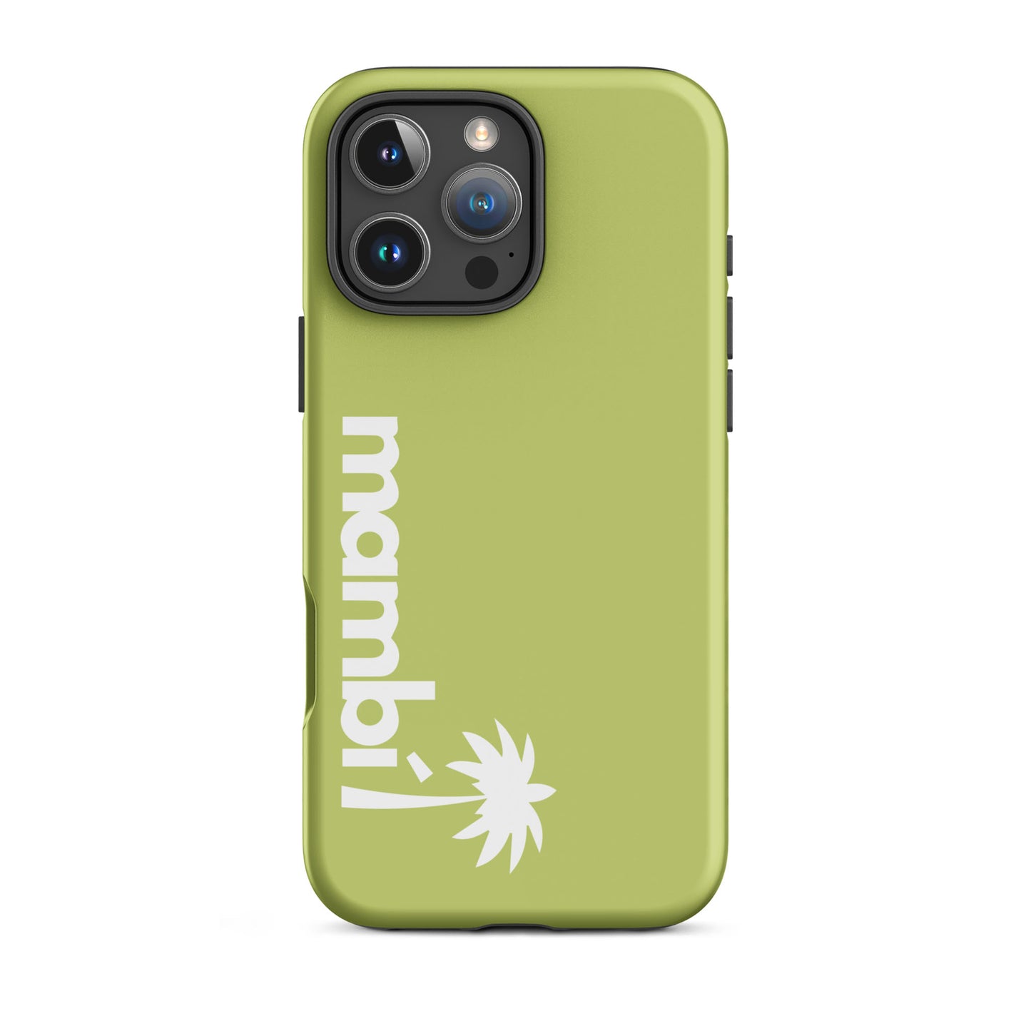 A Wild Willow dual-layer iPhone case with mambi! and a white palm tree graphic printed vertically beneath the camera, designed for extra shock absorption.
