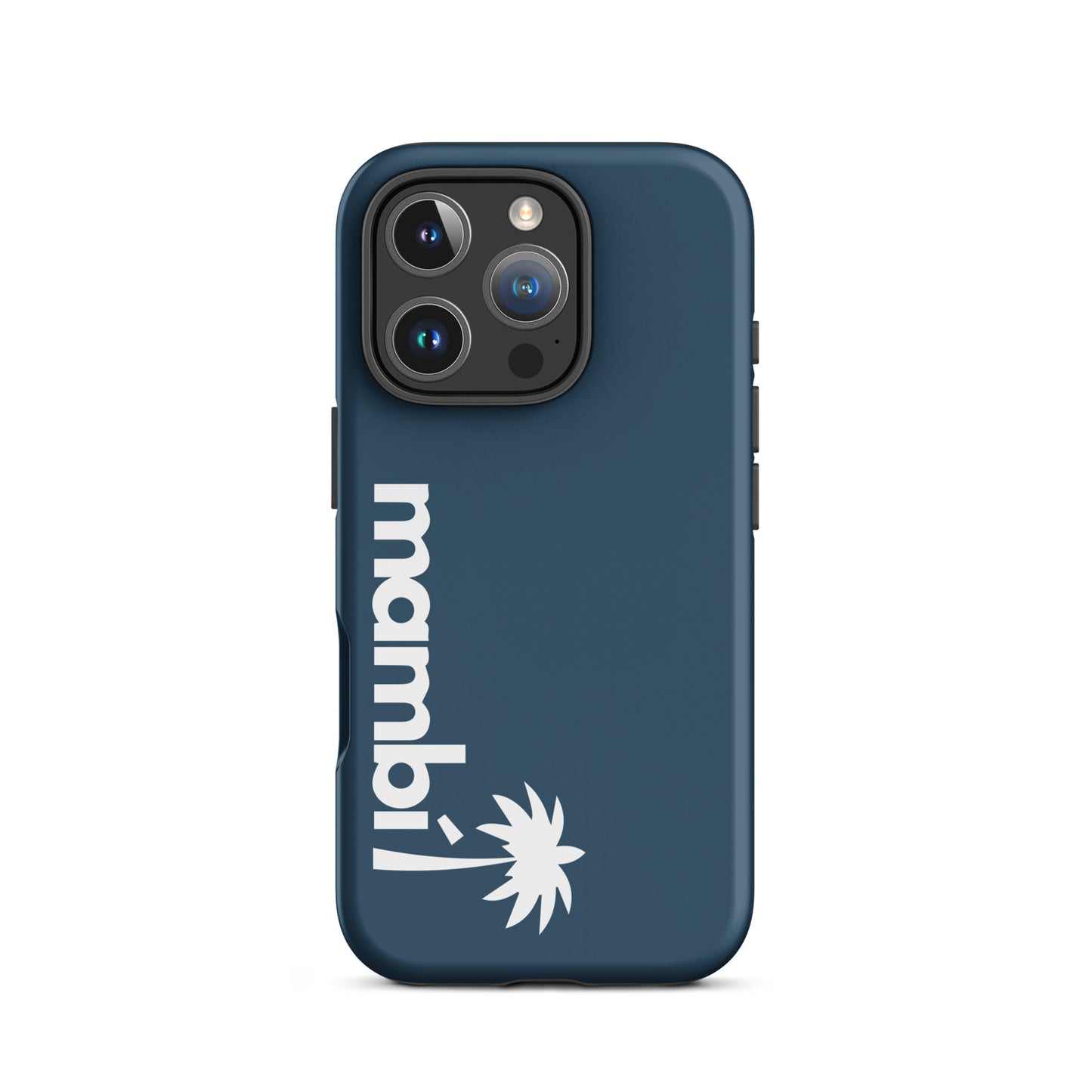 An Arapawa iPhone heavy-duty case displays mambi in bold, vertical white text next to a simple white palm tree graphic. Seen on a three-lens phone, this case combines style with dependable protection.