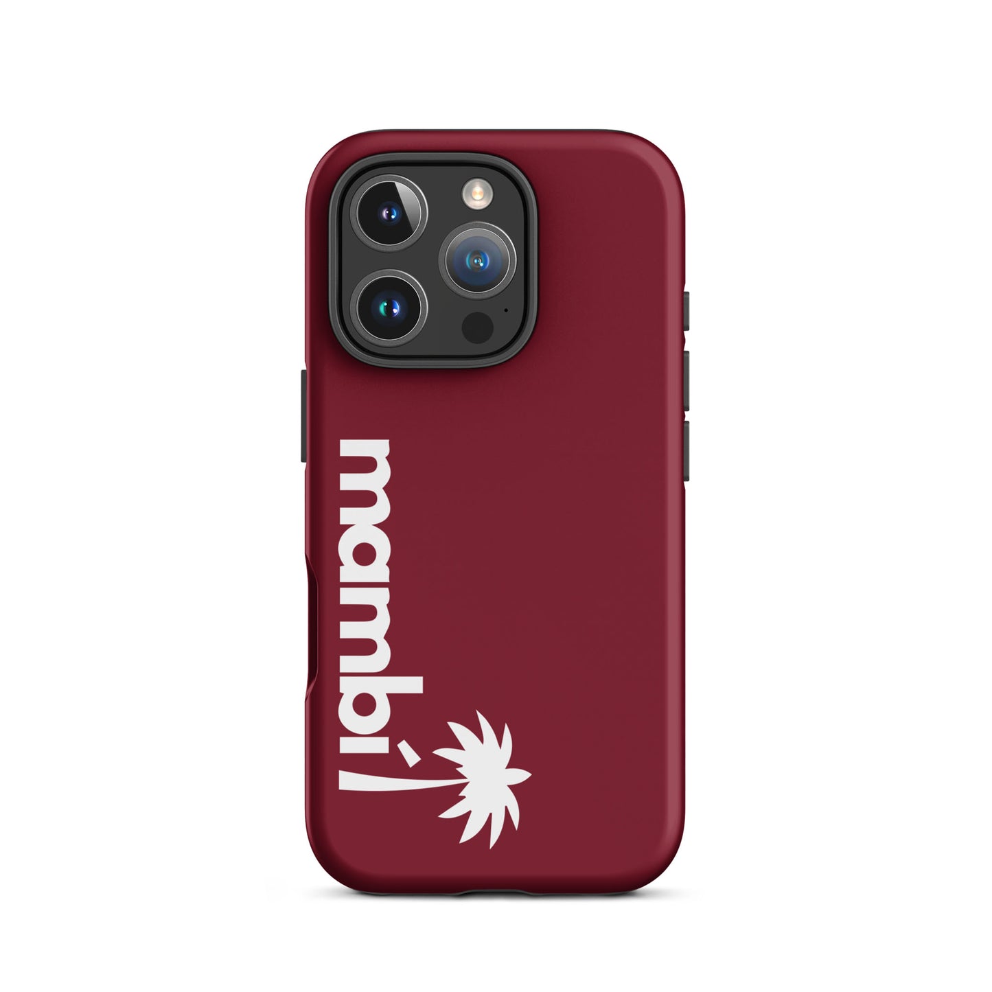 A burgundy iPhone heavy-duty case featuring mambi in vertical white text and a white palm tree below. This dual-layer case provides shock absorption and fits smartphones with dual cameras.