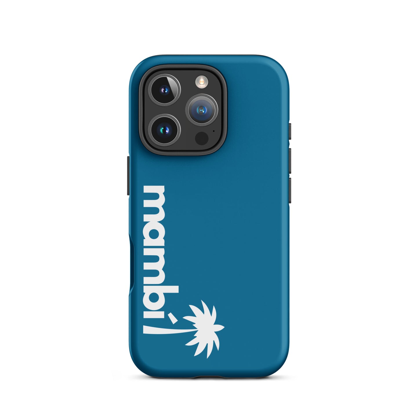 A cerulean dual-layer iPhone case featuring “mambi’” in white lowercase letters printed vertically and a stylized white palm tree graphic below—designed for style and reliable shock absorption.
