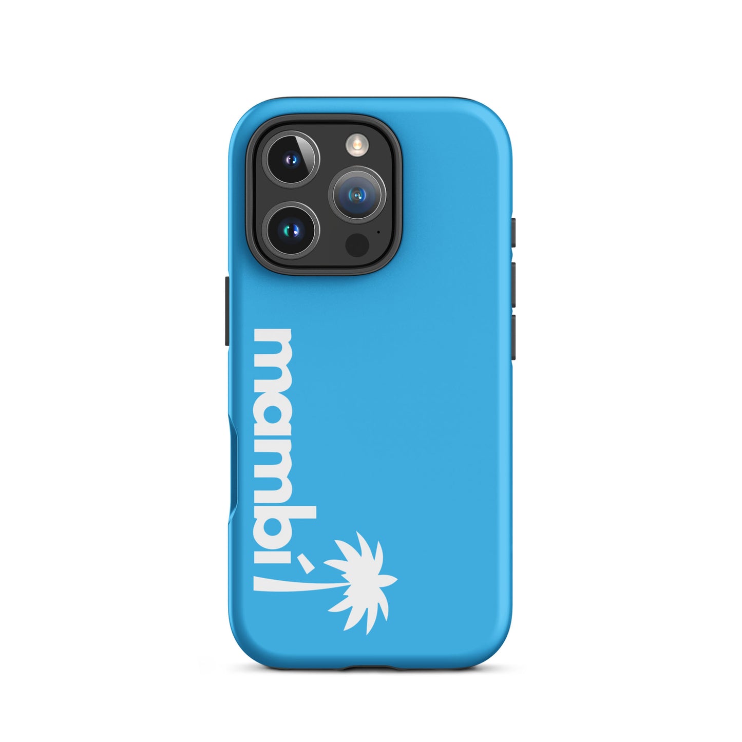 A Deep Sky Blue dual-layer iPhone case featuring mambi in white lowercase letters and a white palm tree graphic underneath, with shock absorption and a camera cutout in the top left corner.