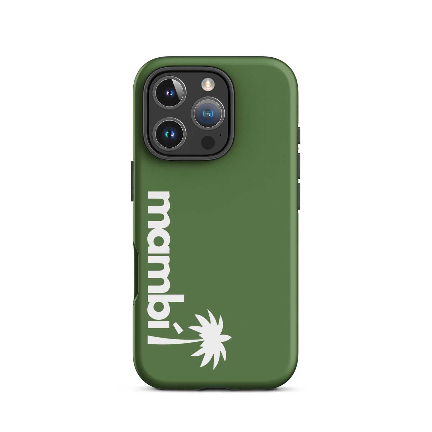 A fern green dual-layer phone case with mambí in white lowercase letters and a white palm tree graphic printed vertically near the bottom, designed for superior shock absorption and stylish protection.