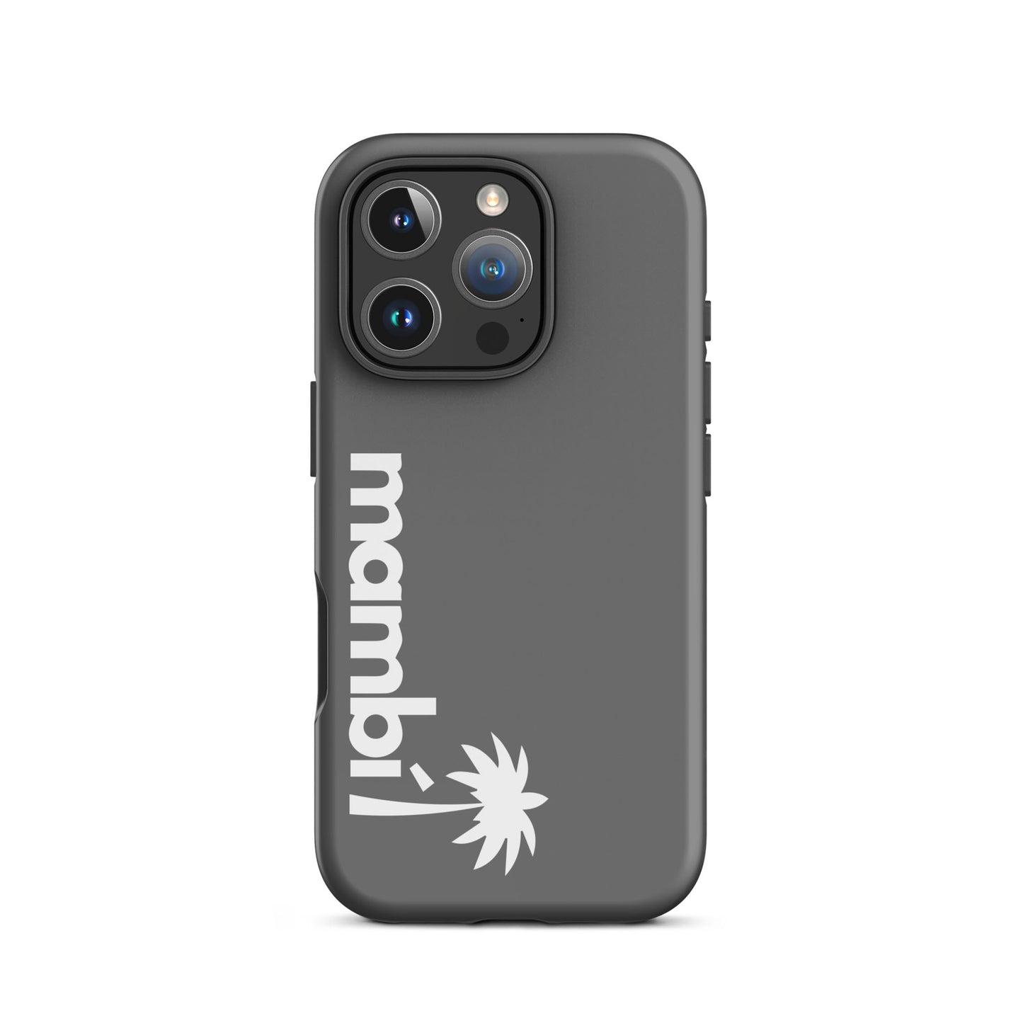 A grey dual-layer phone case with mambi! and a white palm tree graphic printed vertically on the back. The iPhone’s camera lenses remain fully visible at the top left for easy access and a stylish look.