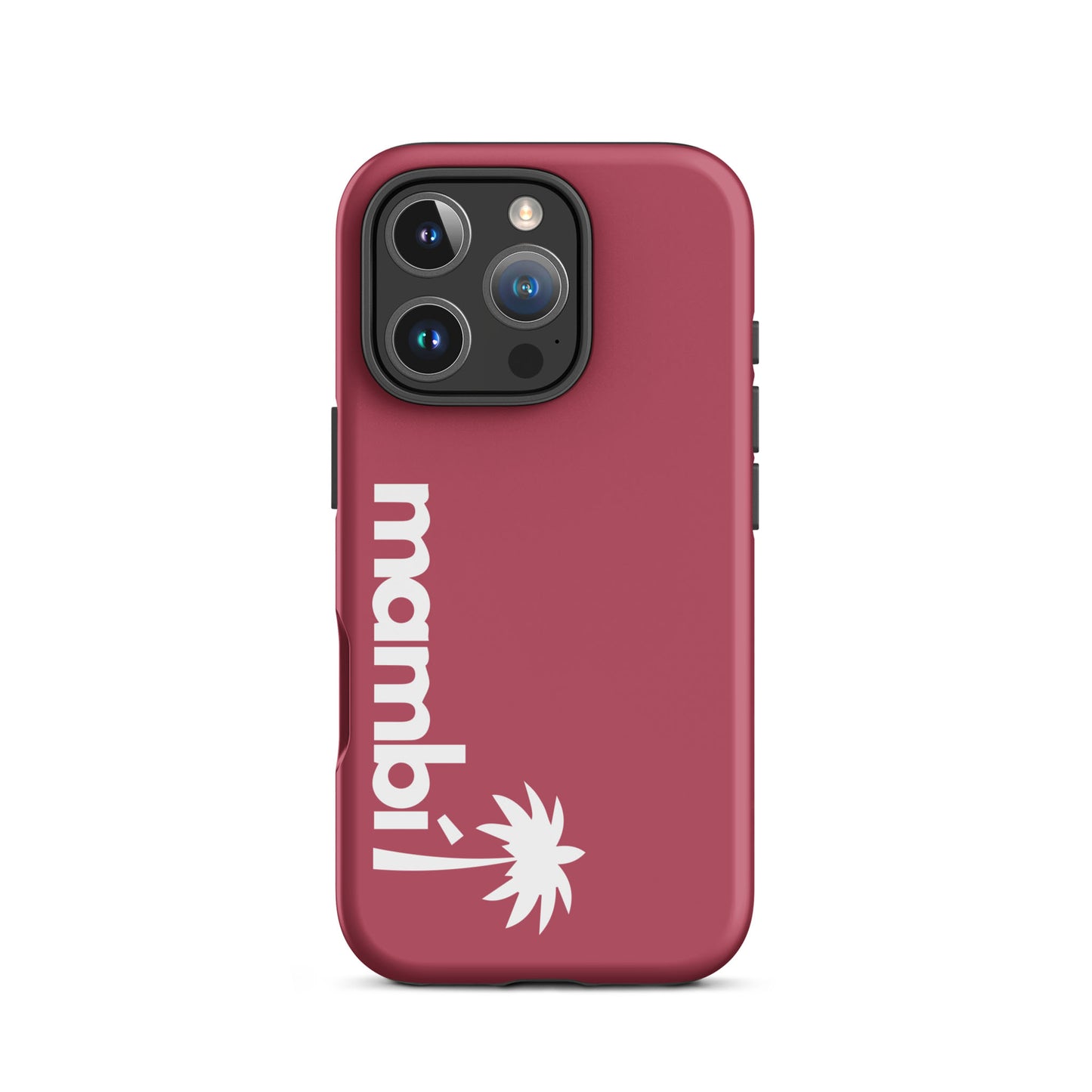 A hipster pink iPhone heavy-duty case with mambí and a white palm tree graphic printed vertically on the back, designed for triple-camera iPhones and built for superior shock absorption.