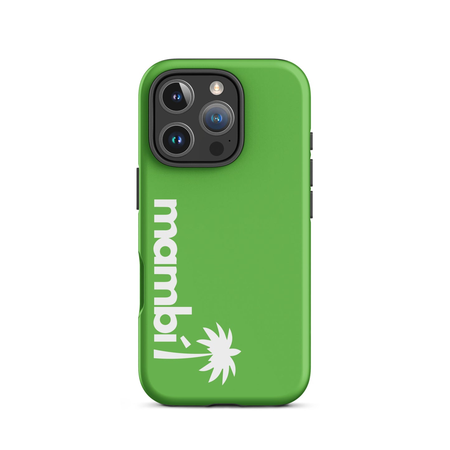 A Kelly Green iPhone heavy-duty case featuring mambí in white lowercase letters and a white palm tree graphic, both vertically aligned along the left side.