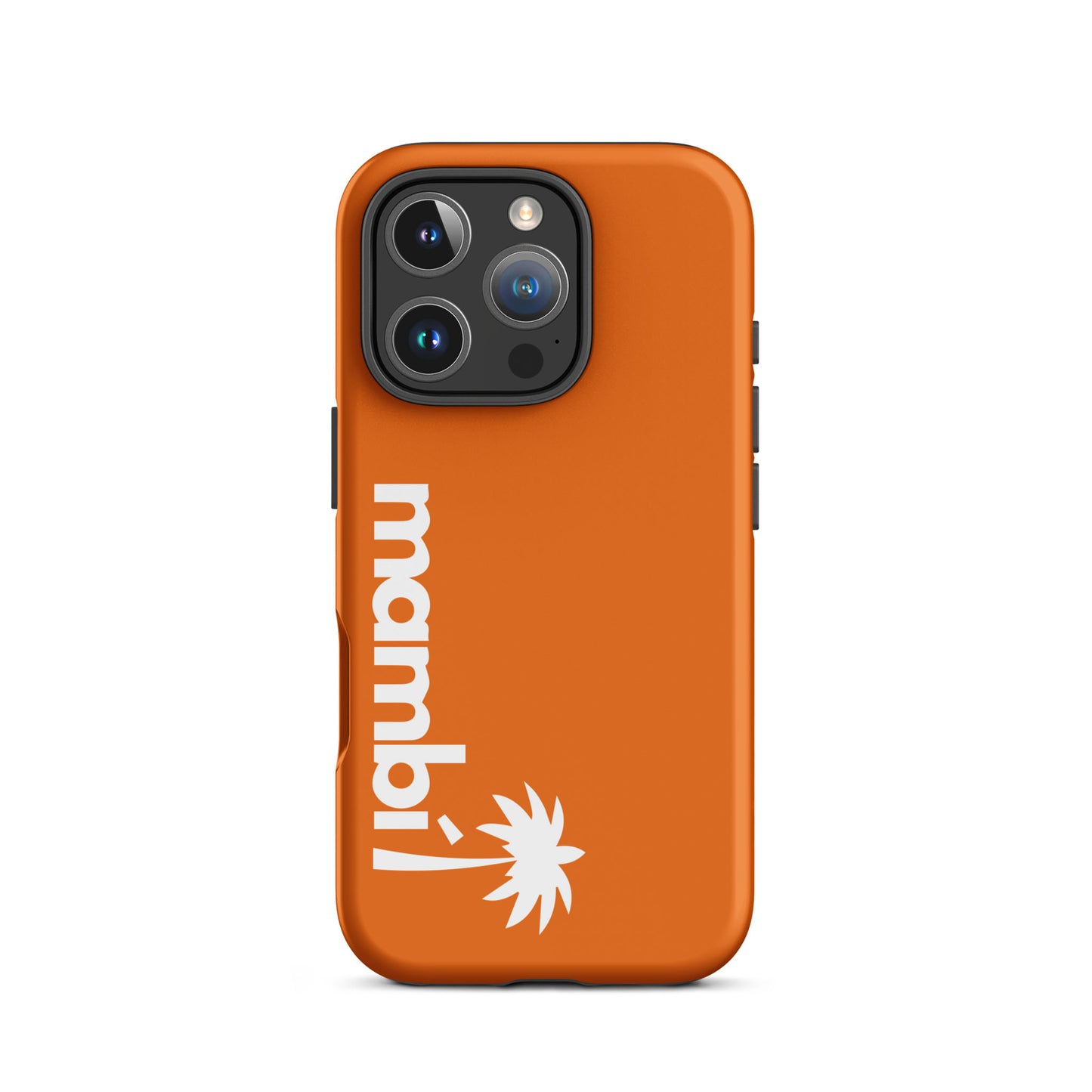 A Mango Tango dual-layer iPhone case with mambi and a white palm tree graphic printed vertically on the left, designed for extra shock absorption.