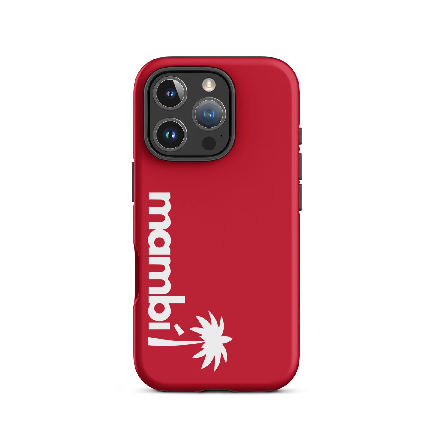 A red dual-layer case featuring mambí in white lowercase letters and a palm tree graphic beneath, both vertically aligned on the left side for enhanced shock absorption.