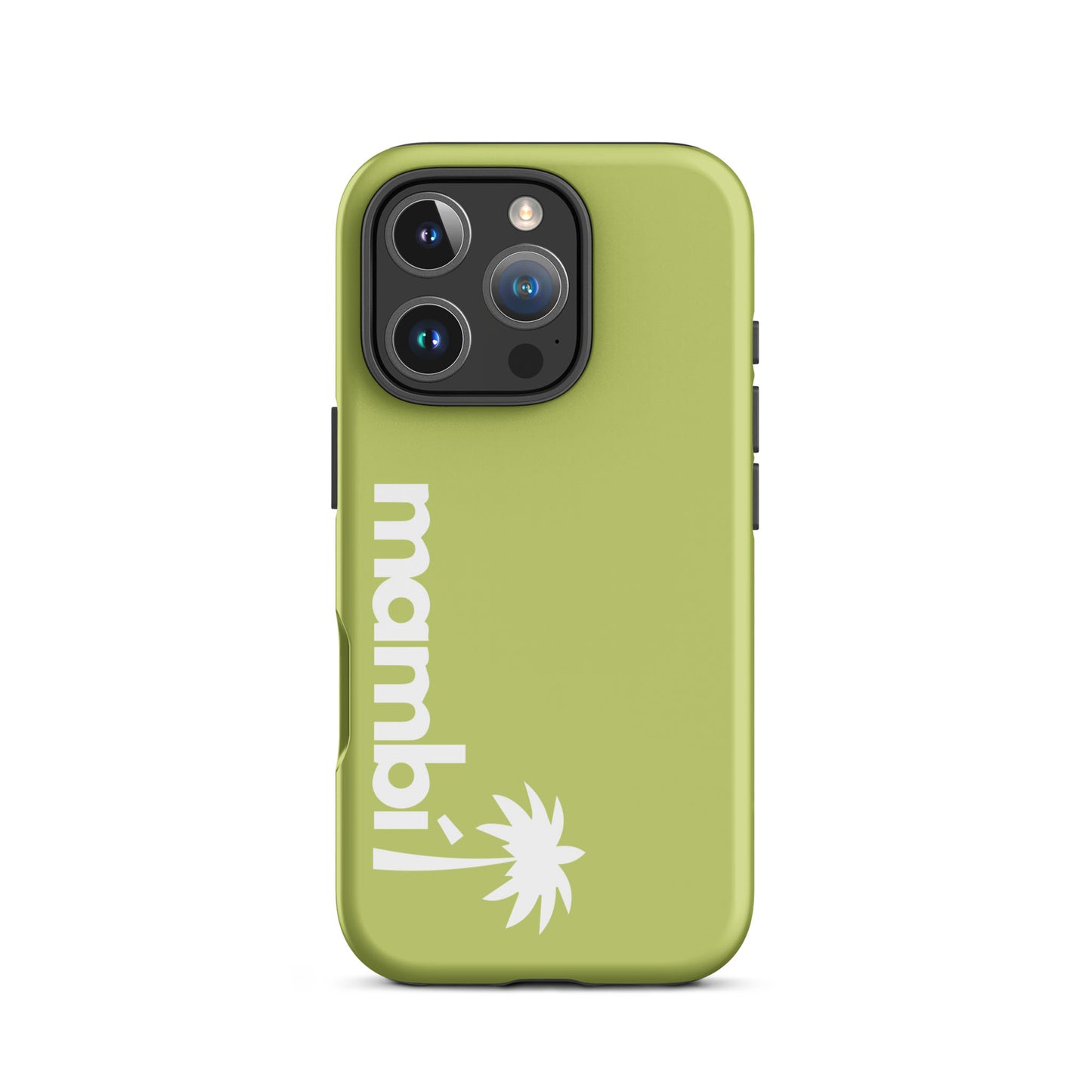 A dual-layer case in Wild Willow features mambi in bold white lowercase letters and a stylized palm tree logo printed vertically on the left side, combining shock absorption with stylish design.