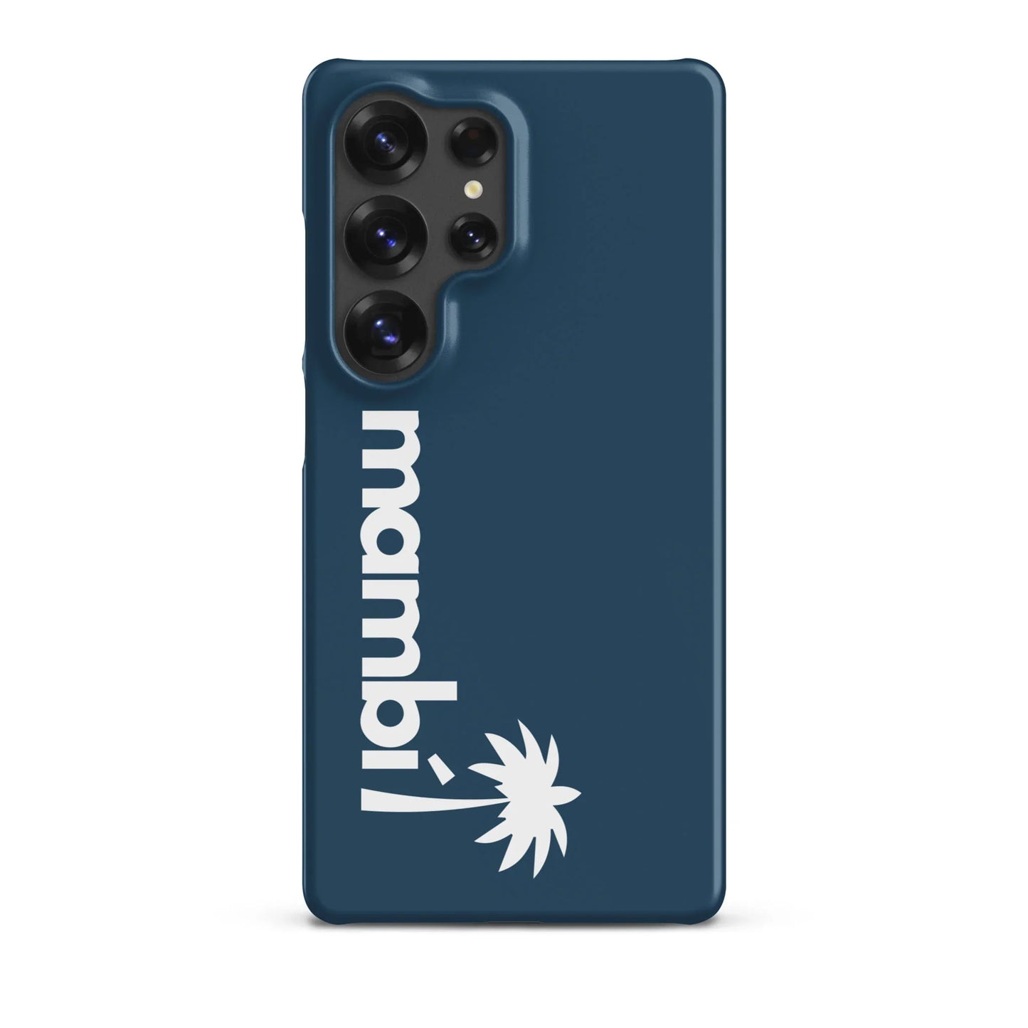 Blue Galaxy S25 Ultra case with white mambi logo and palm tree graphic