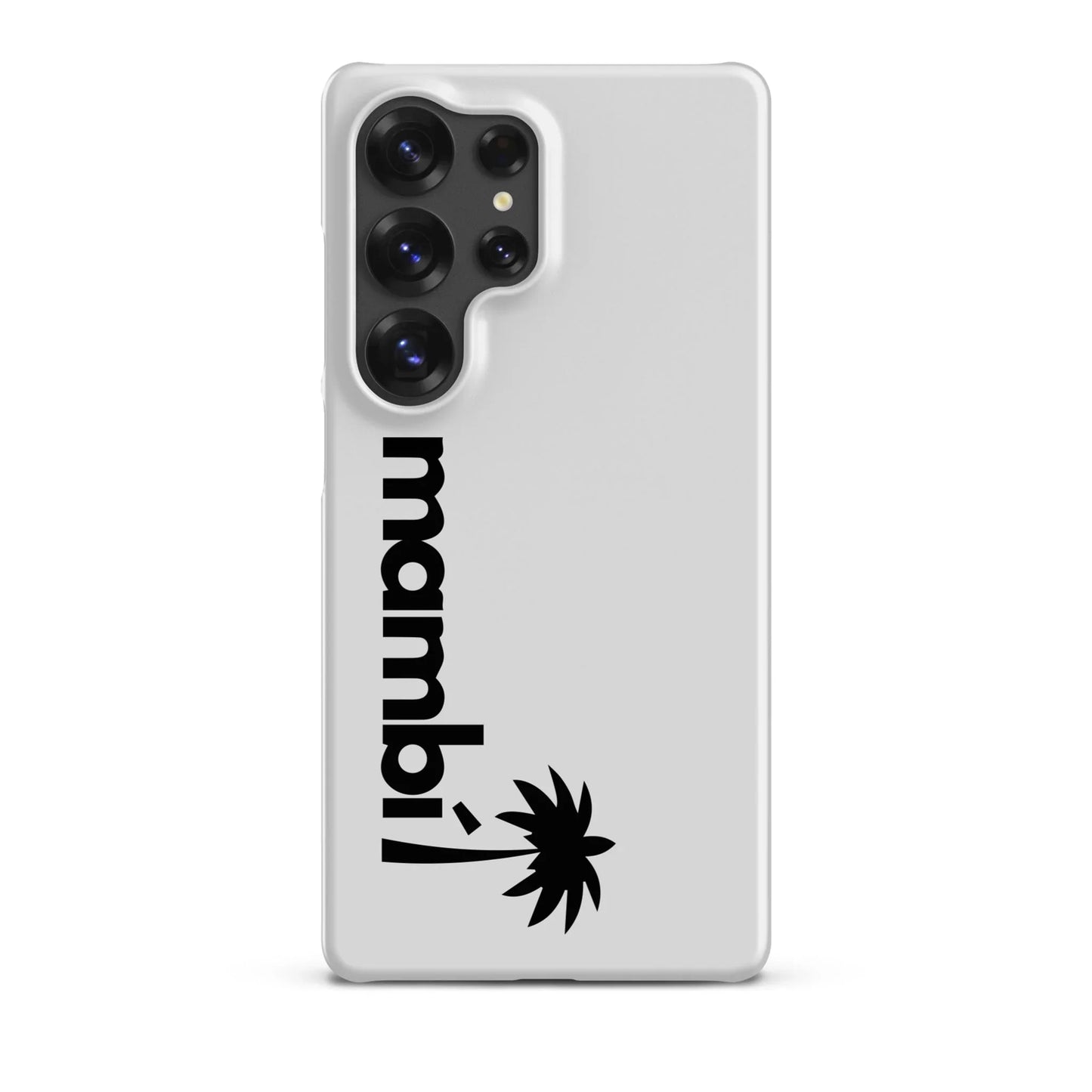 White Galaxy S25 Ultra case with black 'mambi' text and palm tree graphic design.