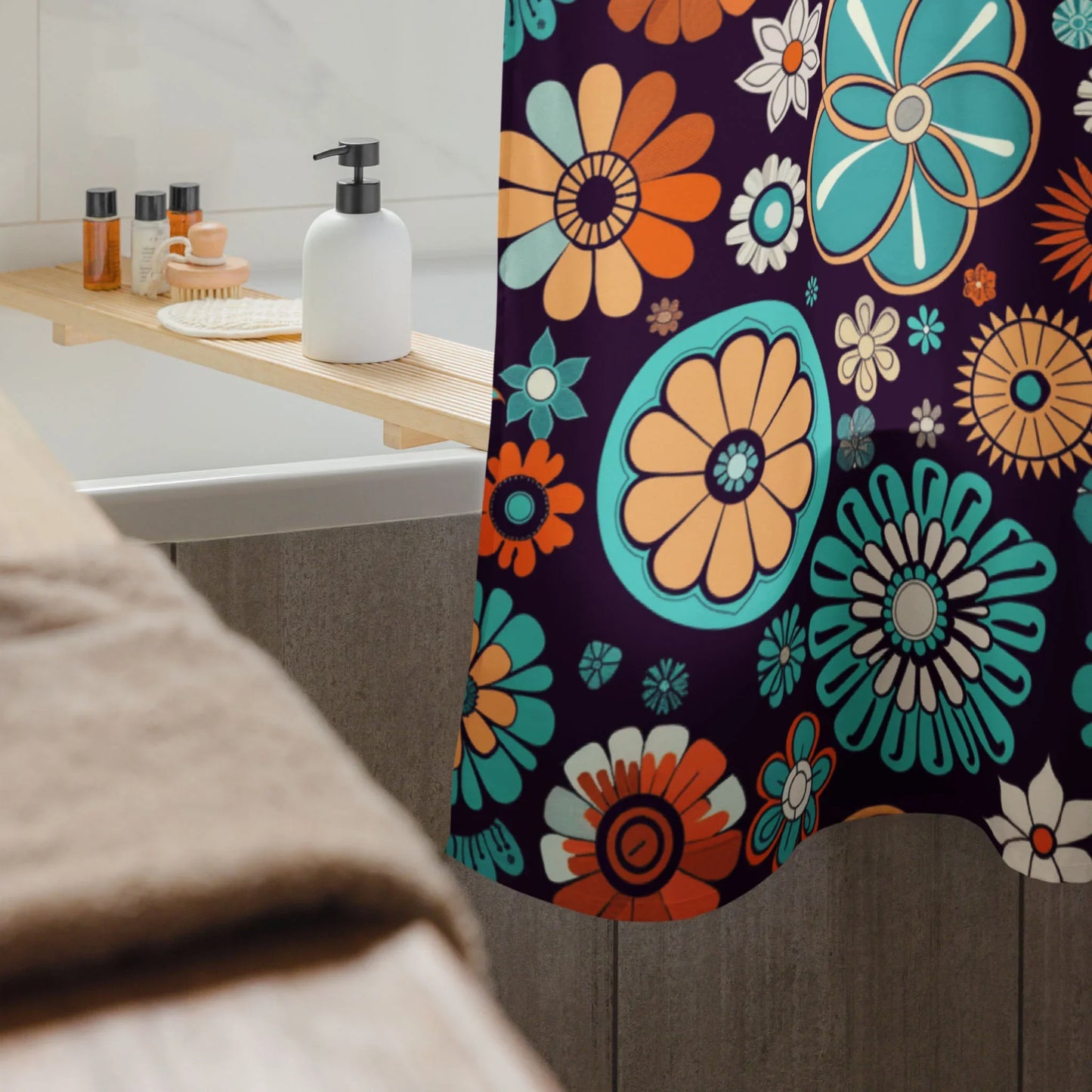 Colorful floral shower curtain in modern bathroom with bath tray and toiletries