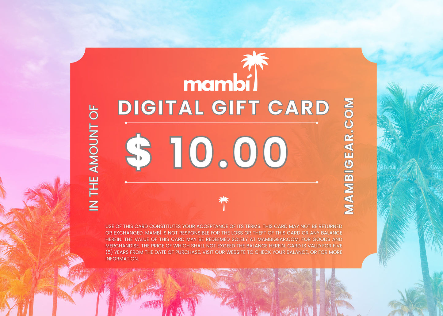 Mambi digital gift card in the amount of $10 with palm trees and a colorful background
