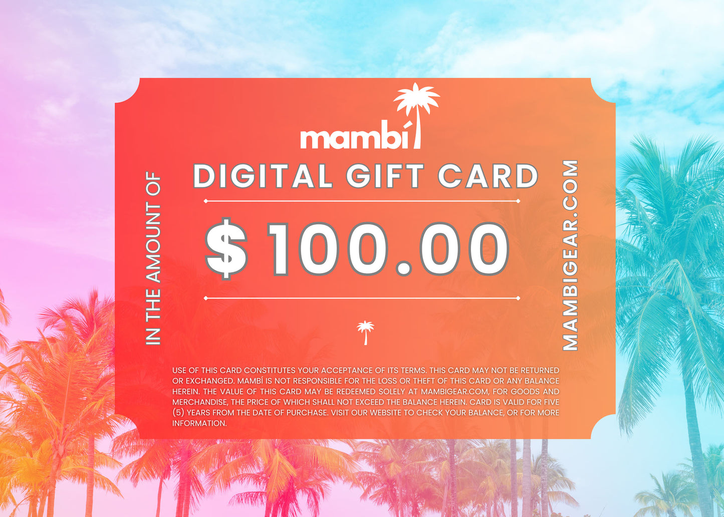 Mambi digital gift card in the amount of $100 with palm trees and a colorful background
