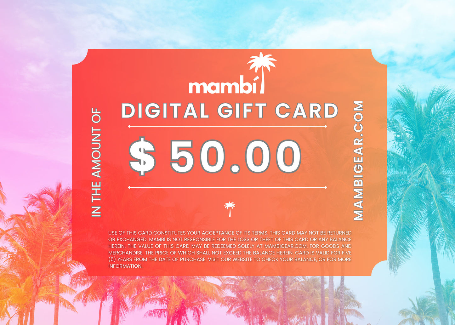 Mambi digital gift card in the amount of $50 with palm trees and a colorful background