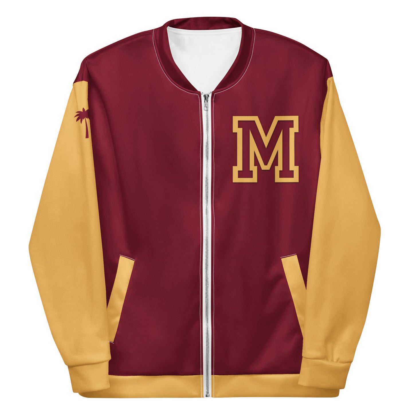 This varsity bomber jacket features premium stitching, a large yellow M on the chest, and a palm tree silhouette on the shoulder. It comes in burgundy with harvest gold sleeves and pockets, finished with a sleek front zipper for that classic look.