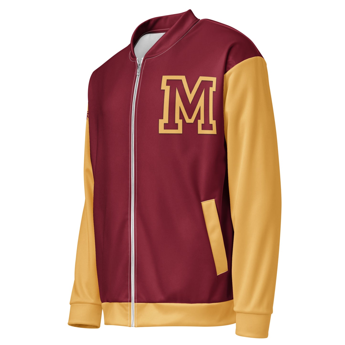 A maroon and gold letterman jacket with premium stitching, featuring a large letter M on the left chest, gold sleeves, a front zipper, maroon collar and sides, plus two front pockets.